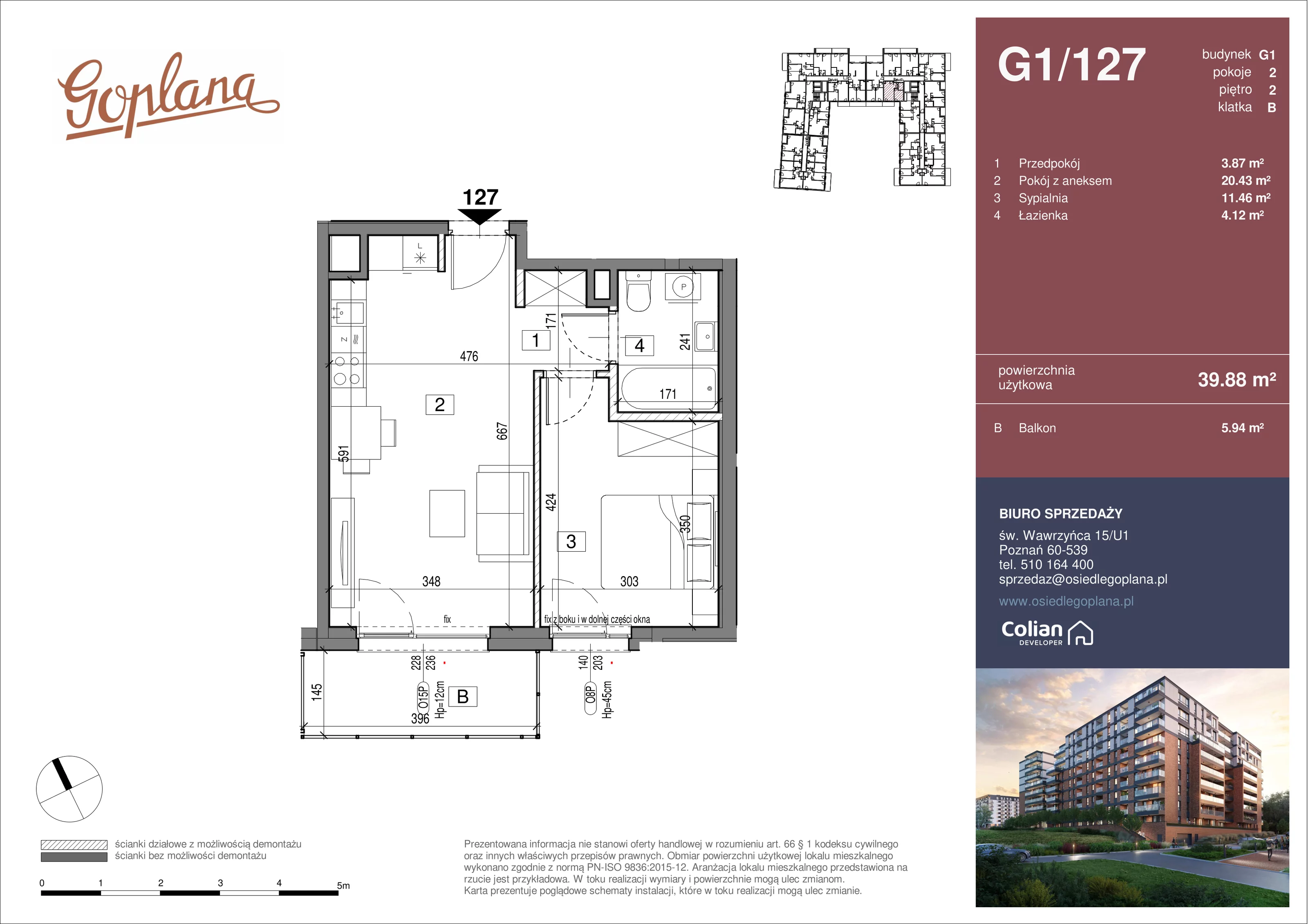 2 pokoje, mieszkanie 39,88 m², piętro 2, oferta nr G1/127, Goplana Budynek G, Poznań, Jeżyce, ul. św. Wawrzyńca