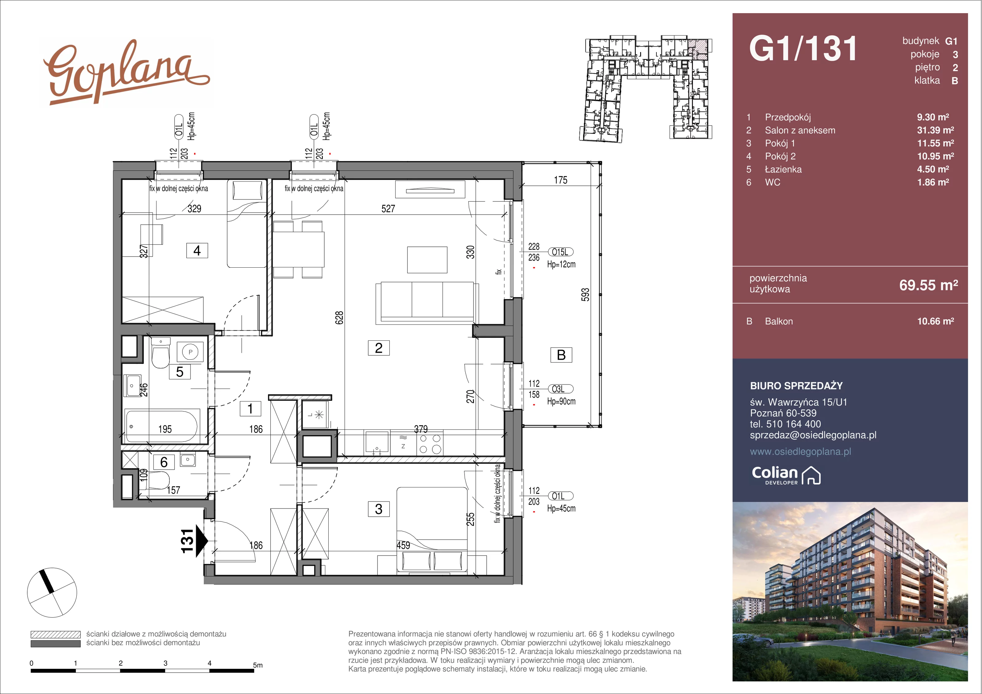 3 pokoje, mieszkanie 69,55 m², piętro 2, oferta nr G1/131, Goplana Budynek G, Poznań, Jeżyce, ul. św. Wawrzyńca