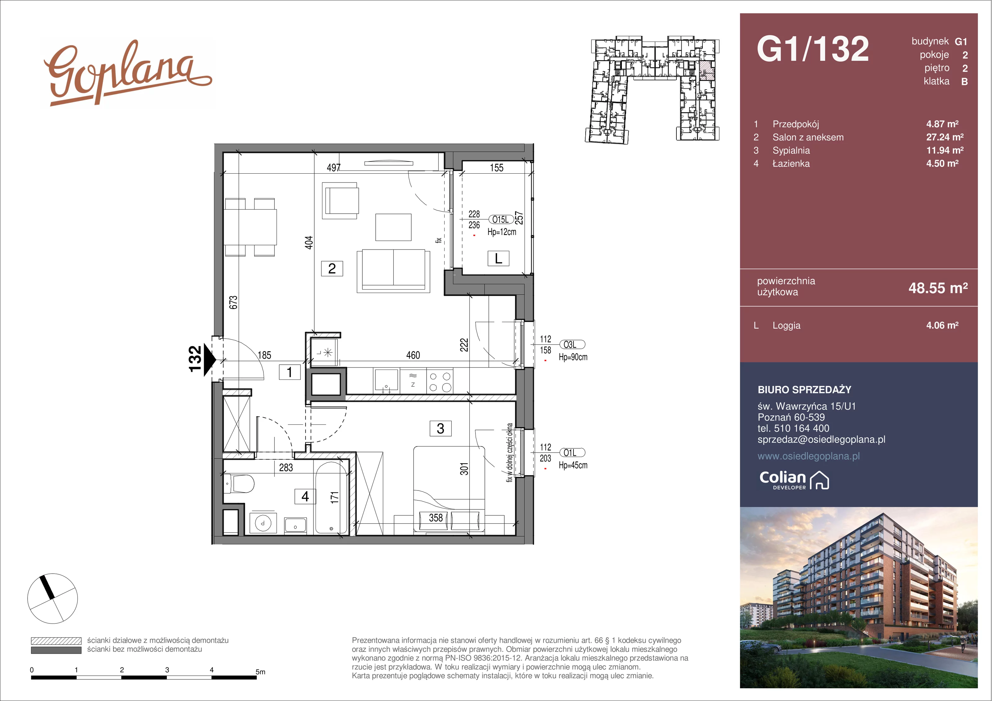 2 pokoje, mieszkanie 48,55 m², piętro 2, oferta nr G1/132, Goplana Budynek G, Poznań, Jeżyce, ul. św. Wawrzyńca