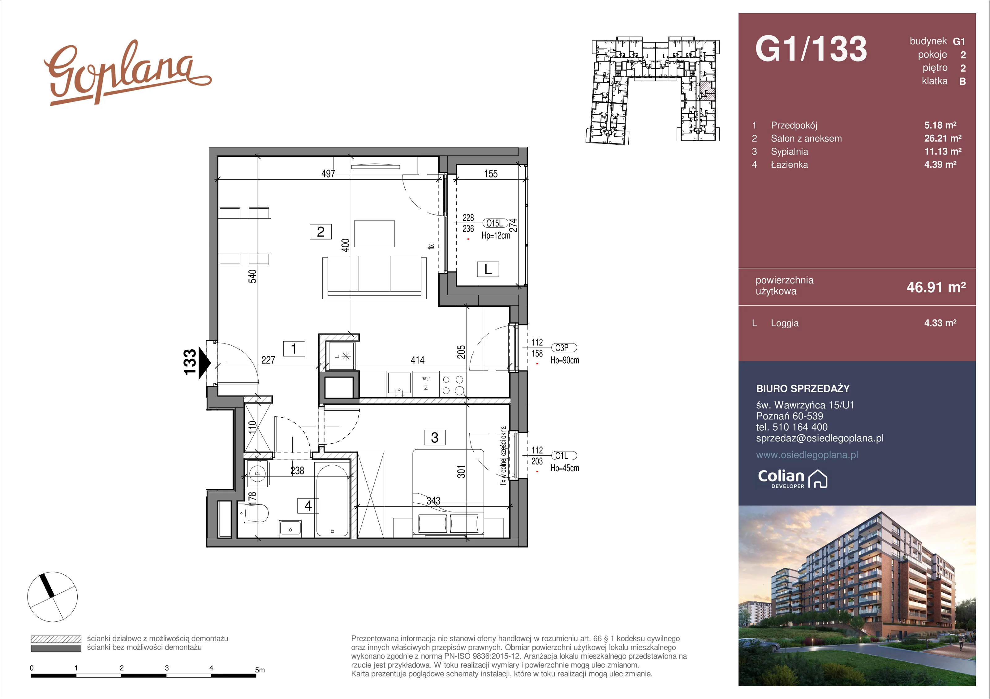 2 pokoje, mieszkanie 46,91 m², piętro 2, oferta nr G1/133, Goplana Budynek G, Poznań, Jeżyce, ul. św. Wawrzyńca