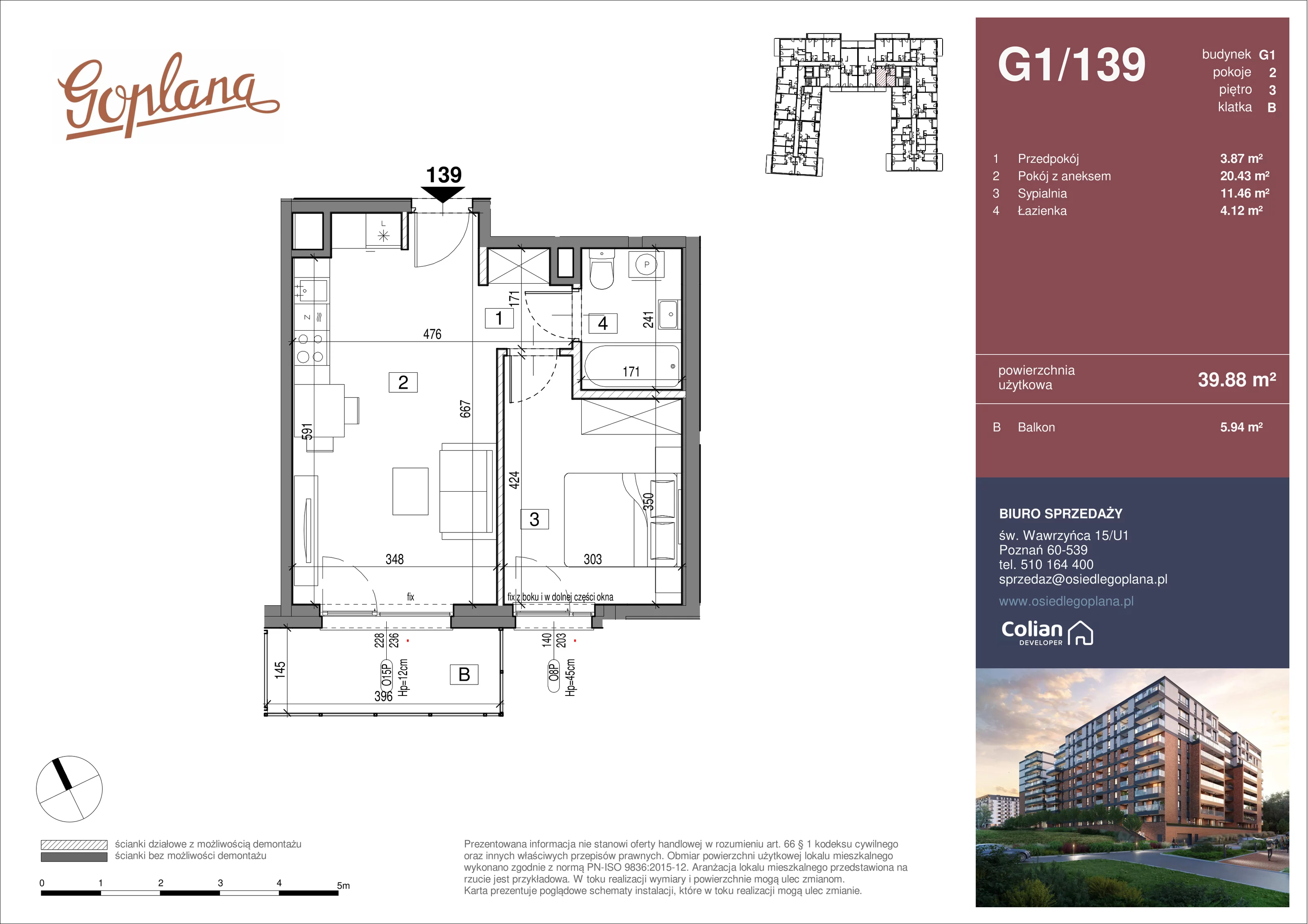 2 pokoje, mieszkanie 39,88 m², piętro 3, oferta nr G1/139, Goplana Budynek G, Poznań, Jeżyce, ul. św. Wawrzyńca