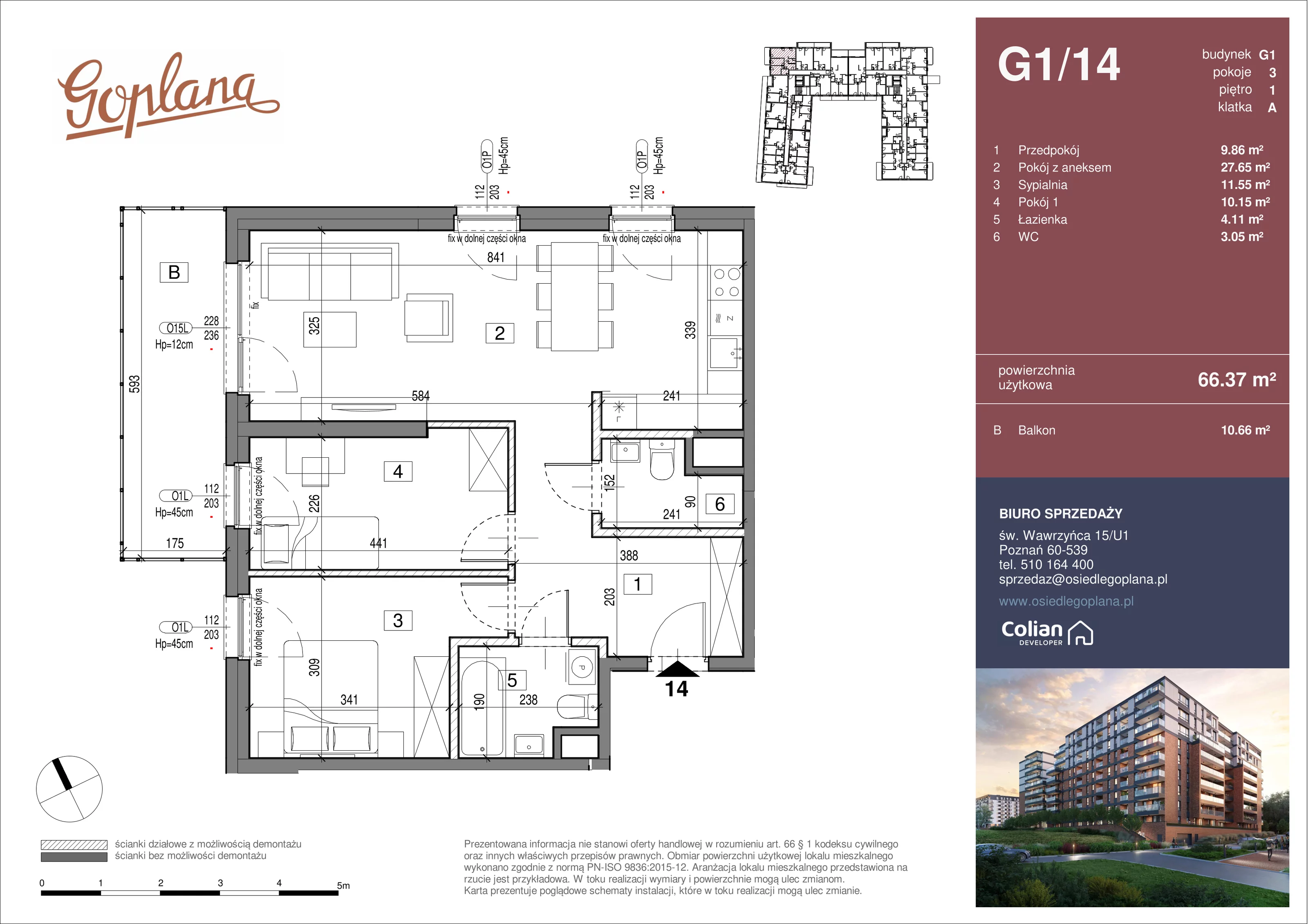 3 pokoje, mieszkanie 66,37 m², piętro 1, oferta nr G1/14, Goplana Budynek G, Poznań, Jeżyce, ul. św. Wawrzyńca