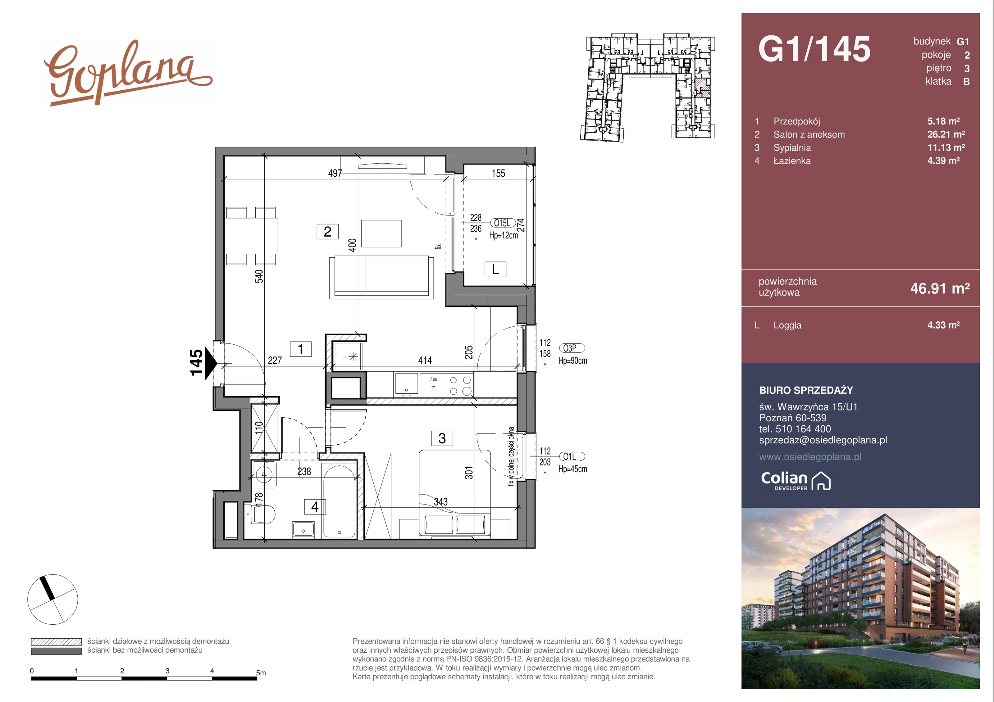 2 pokoje, mieszkanie 46,91 m², piętro 3, oferta nr G1/145, Goplana Budynek G, Poznań, Jeżyce, ul. św. Wawrzyńca