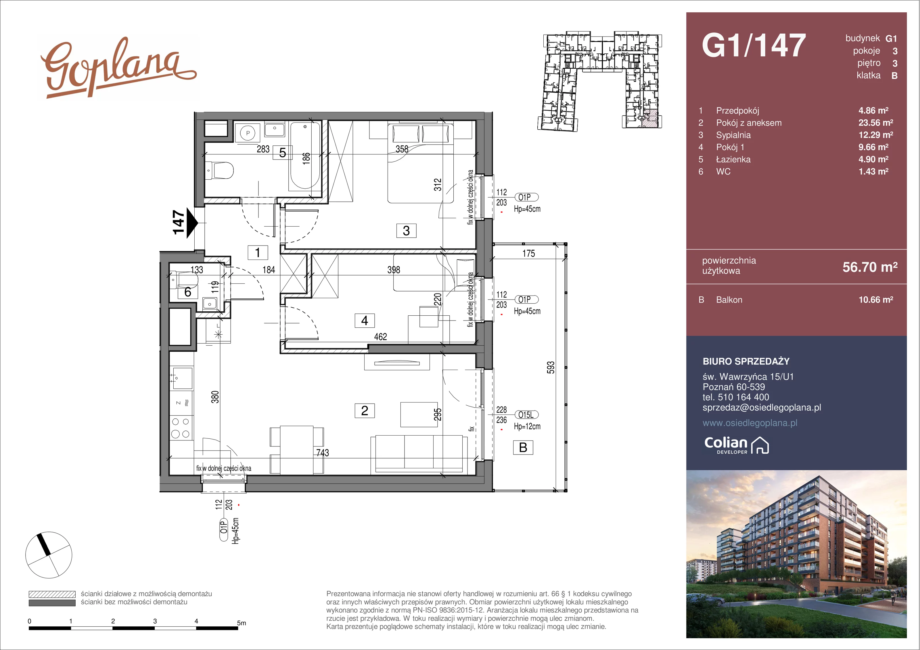3 pokoje, mieszkanie 56,70 m², piętro 3, oferta nr G1/147, Goplana Budynek G, Poznań, Jeżyce, ul. św. Wawrzyńca