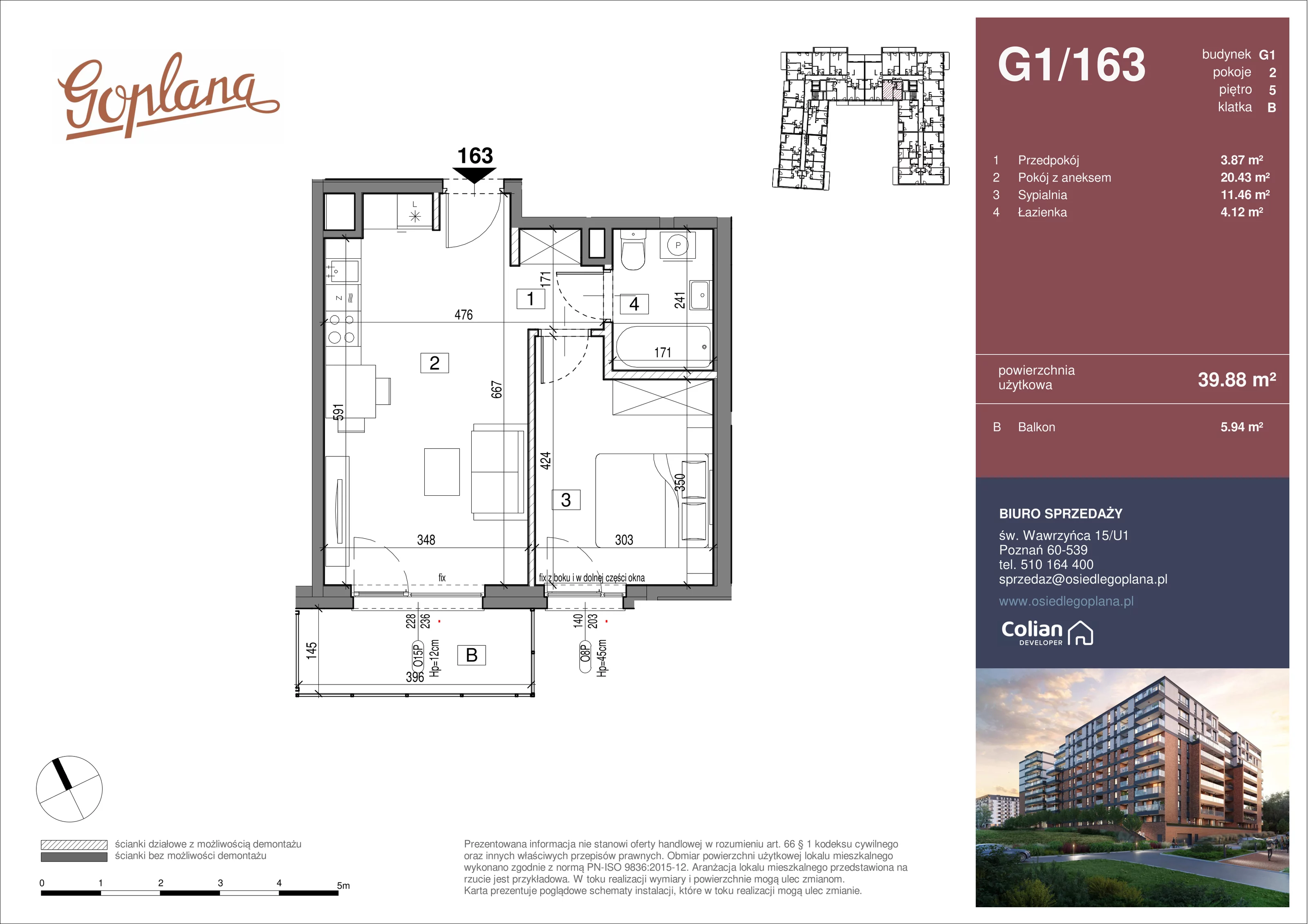 2 pokoje, mieszkanie 39,88 m², piętro 5, oferta nr G1/163, Goplana Budynek G, Poznań, Jeżyce, ul. św. Wawrzyńca