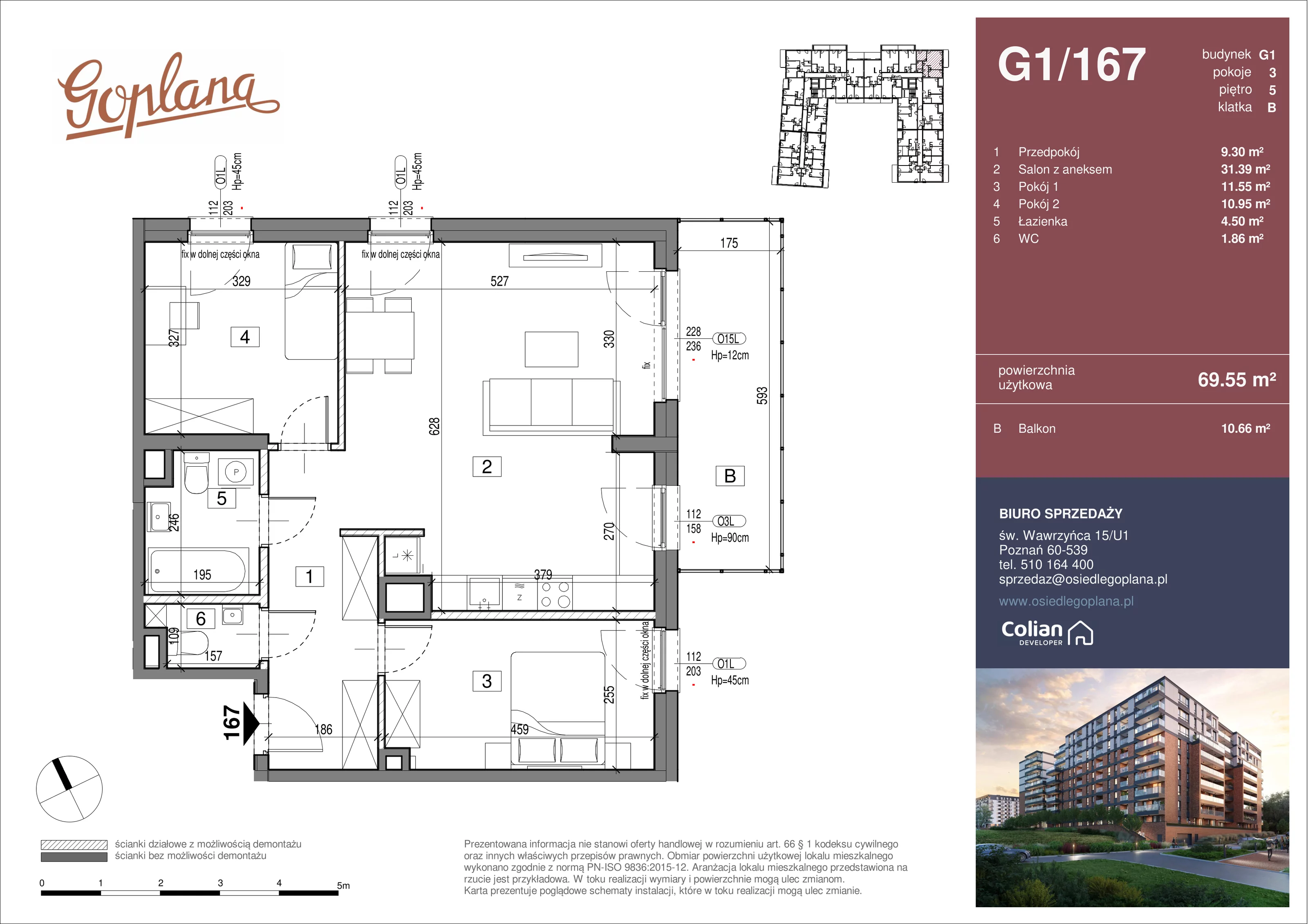 3 pokoje, mieszkanie 69,55 m², piętro 5, oferta nr G1/167, Goplana Budynek G, Poznań, Jeżyce, ul. św. Wawrzyńca