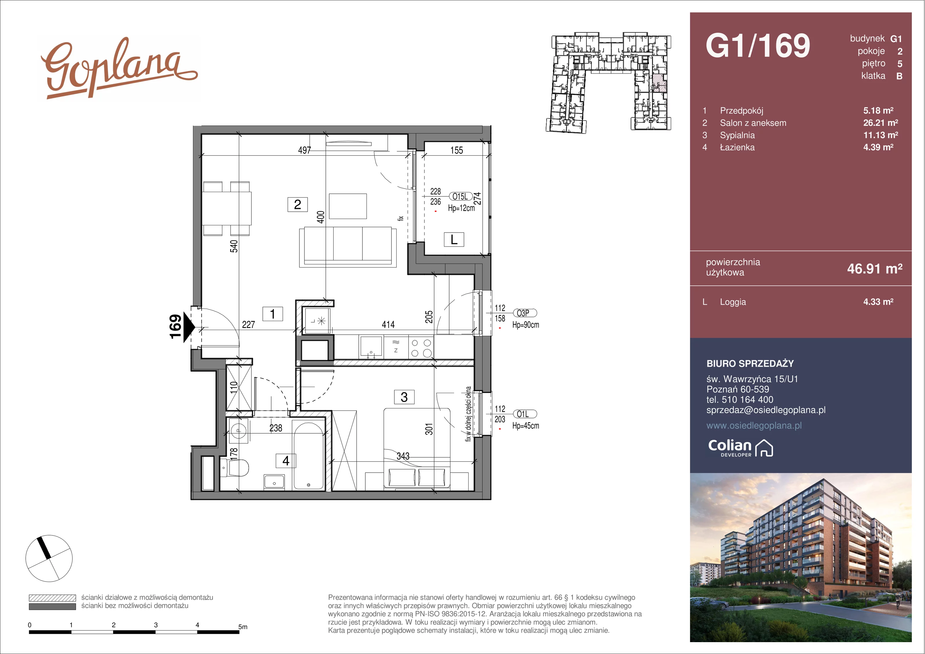 2 pokoje, mieszkanie 46,91 m², piętro 5, oferta nr G1/169, Goplana Budynek G, Poznań, Jeżyce, ul. św. Wawrzyńca