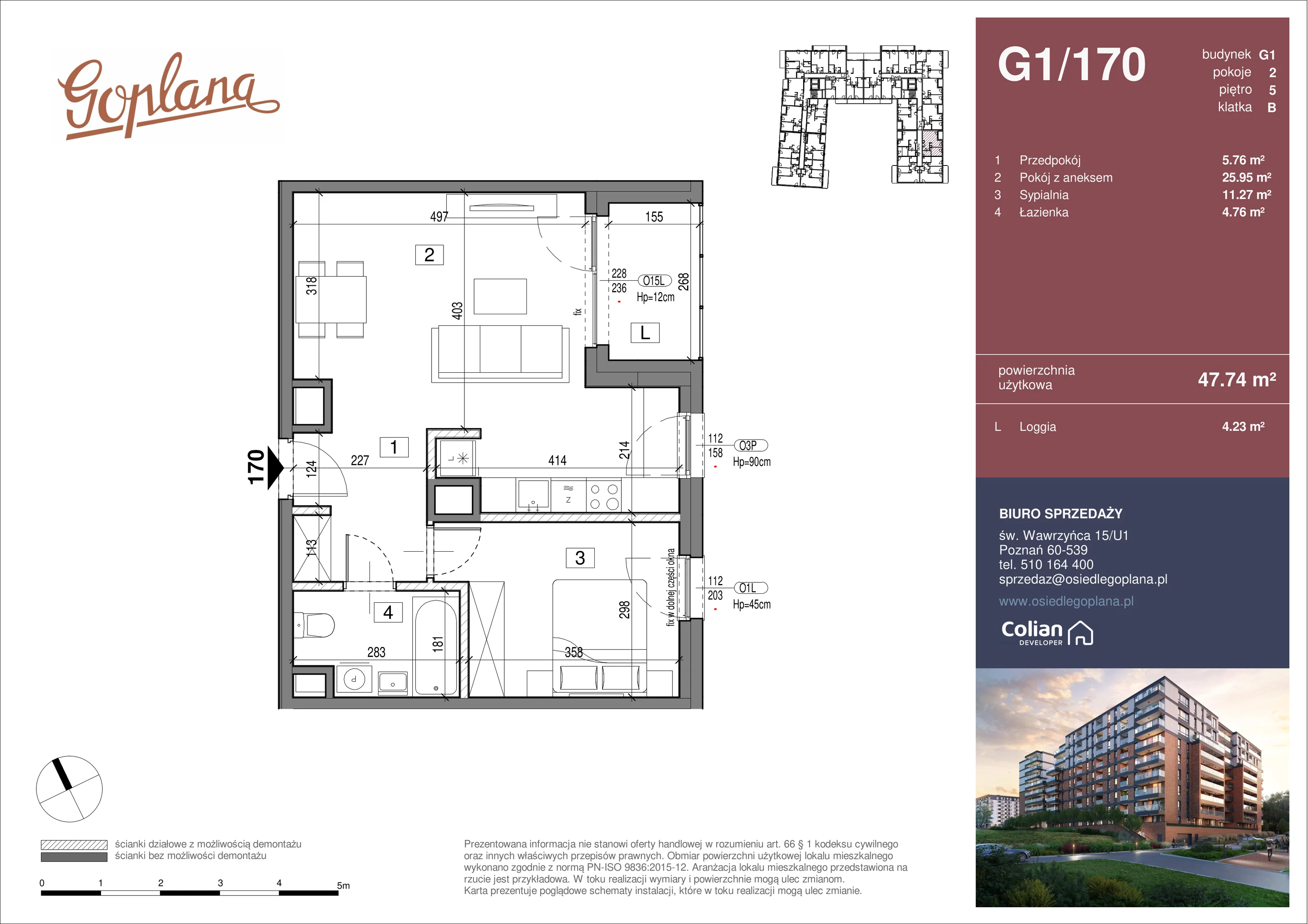 2 pokoje, mieszkanie 47,74 m², piętro 5, oferta nr G1/170, Goplana Budynek G, Poznań, Jeżyce, ul. św. Wawrzyńca