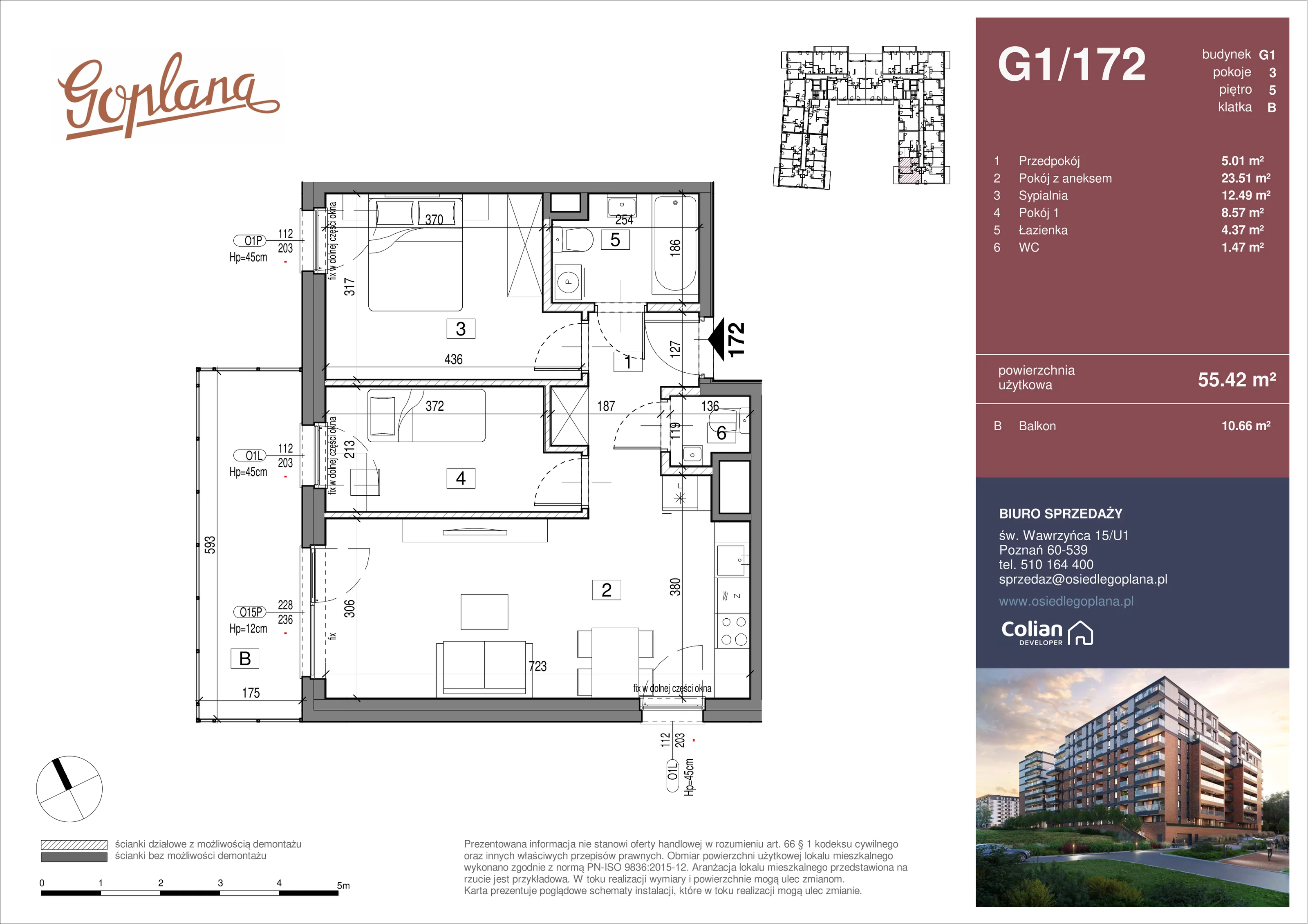 3 pokoje, mieszkanie 55,42 m², piętro 5, oferta nr G1/172, Goplana Budynek G, Poznań, Jeżyce, ul. św. Wawrzyńca
