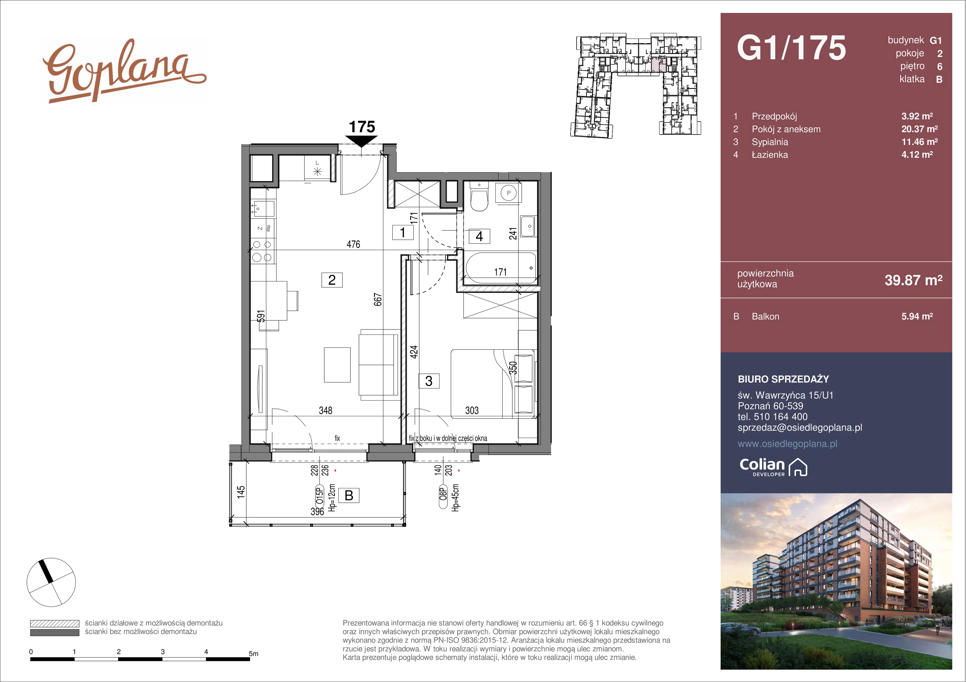 2 pokoje, mieszkanie 39,87 m², piętro 6, oferta nr G1/175, Goplana Budynek G, Poznań, Jeżyce, ul. św. Wawrzyńca