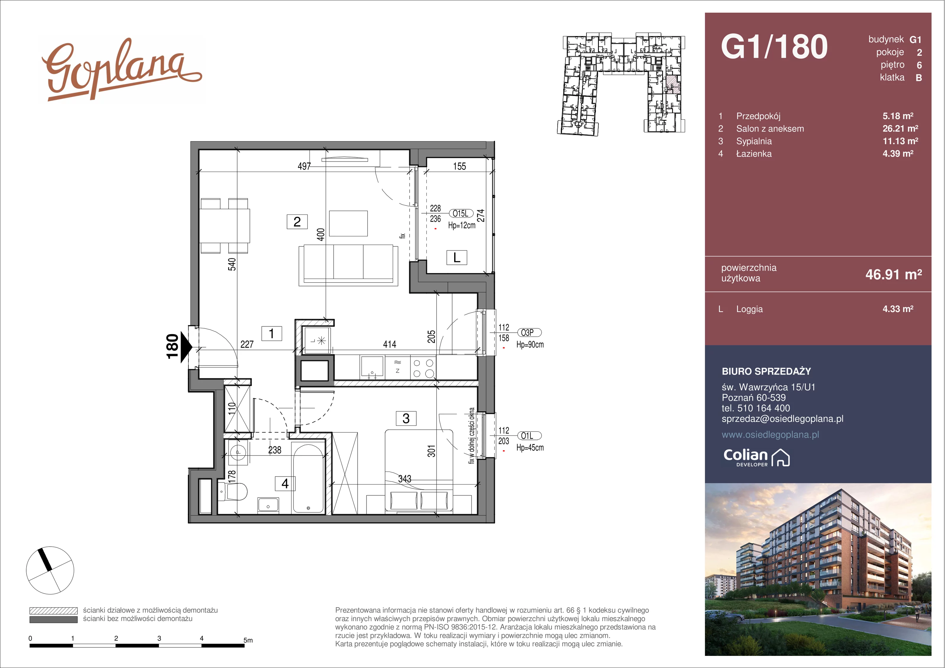 2 pokoje, mieszkanie 46,91 m², piętro 6, oferta nr G1/180, Goplana Budynek G, Poznań, Jeżyce, ul. św. Wawrzyńca