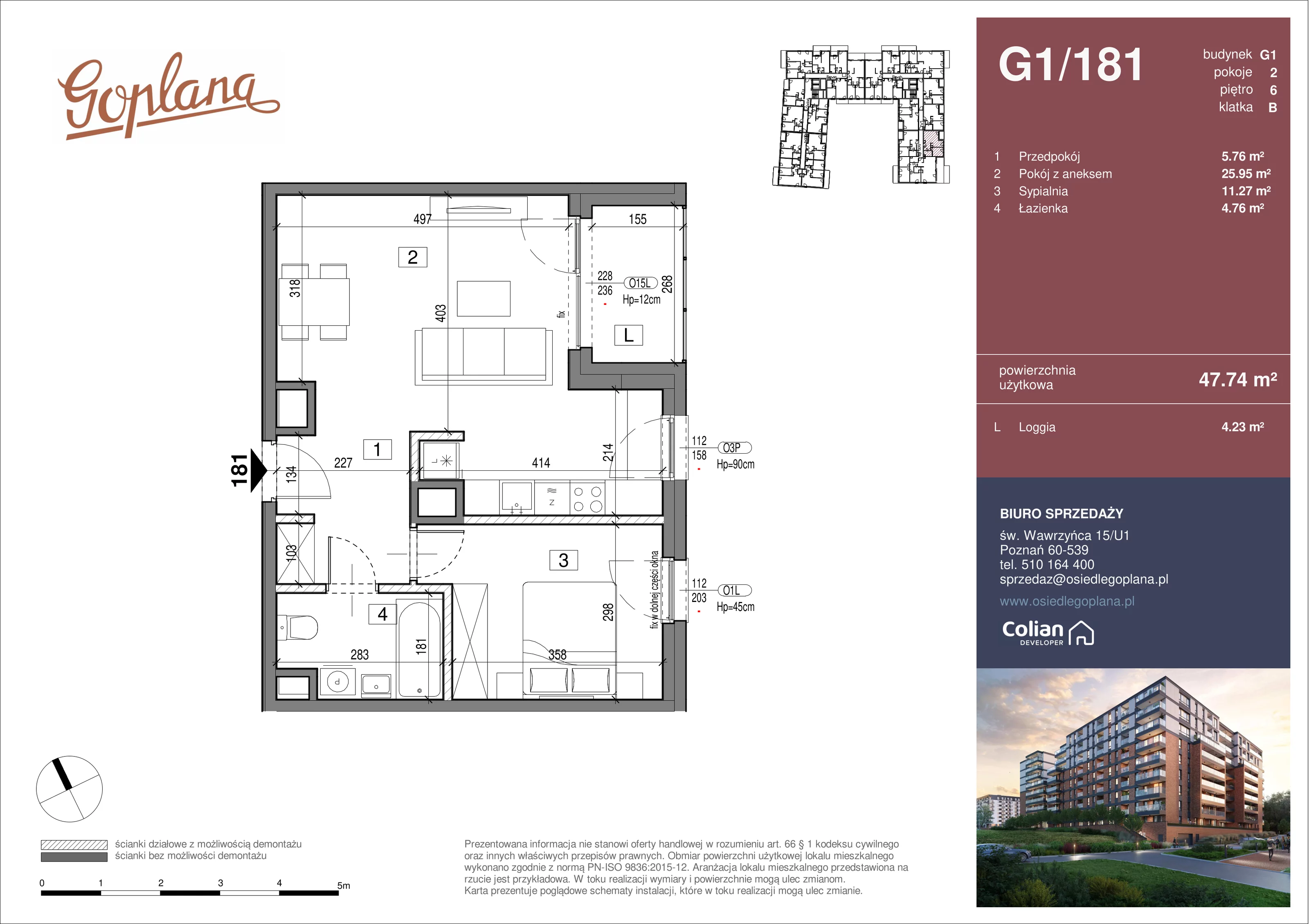 2 pokoje, mieszkanie 47,74 m², piętro 6, oferta nr G1/181, Goplana Budynek G, Poznań, Jeżyce, ul. św. Wawrzyńca