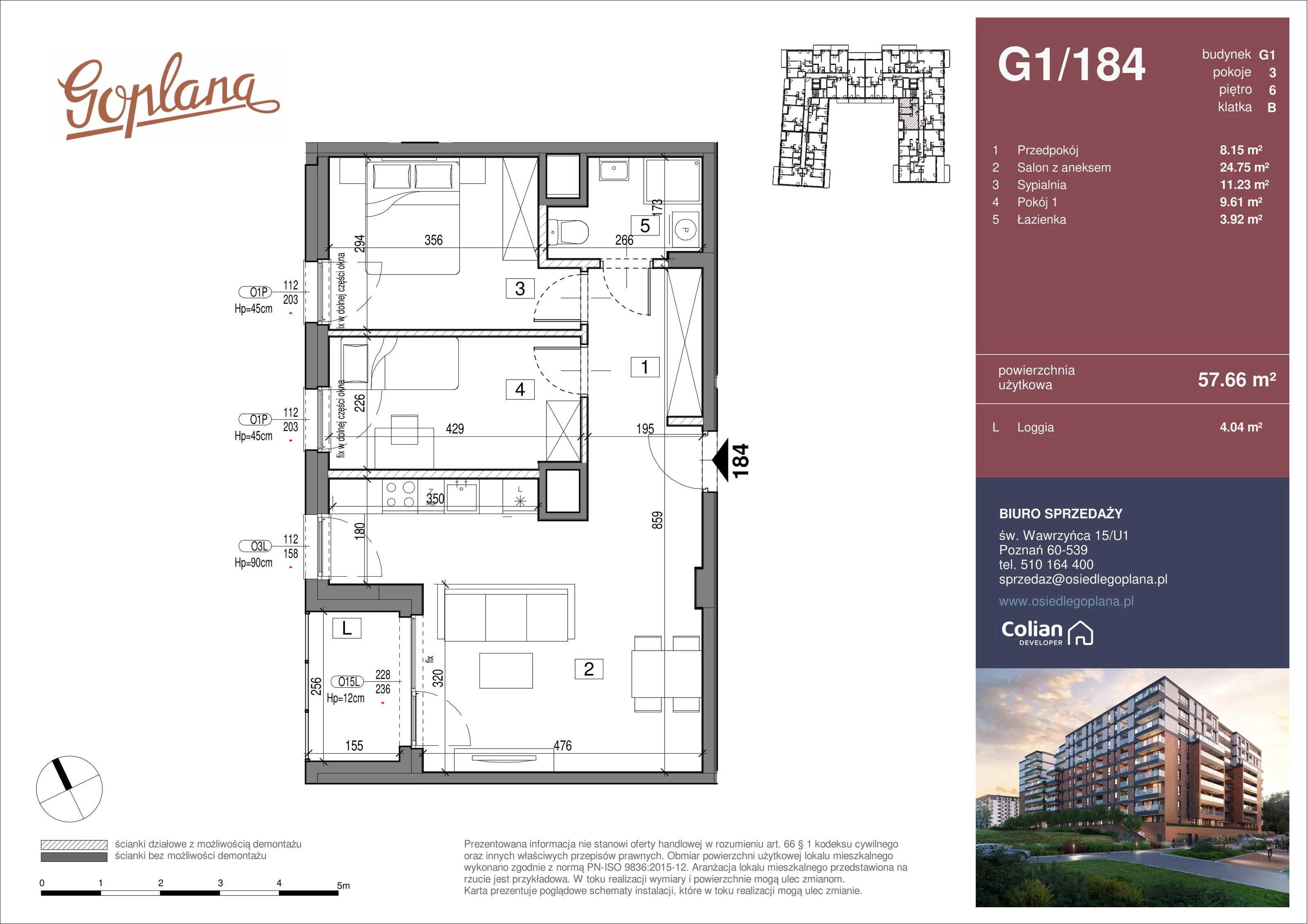 3 pokoje, mieszkanie 57,66 m², piętro 6, oferta nr G1/184, Goplana Budynek G, Poznań, Jeżyce, ul. św. Wawrzyńca