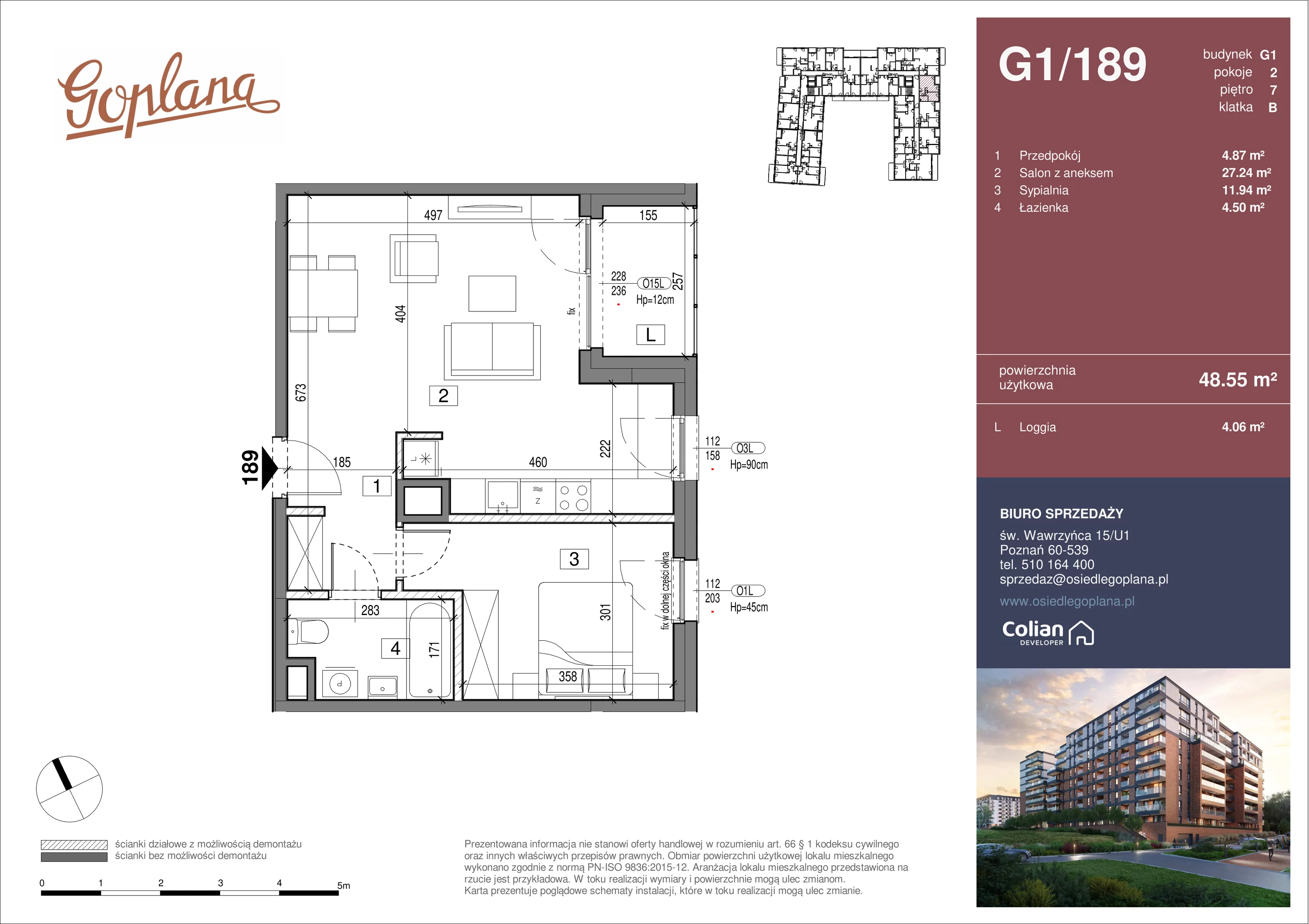 2 pokoje, mieszkanie 48,55 m², piętro 7, oferta nr G1/189, Goplana Budynek G, Poznań, Jeżyce, ul. św. Wawrzyńca