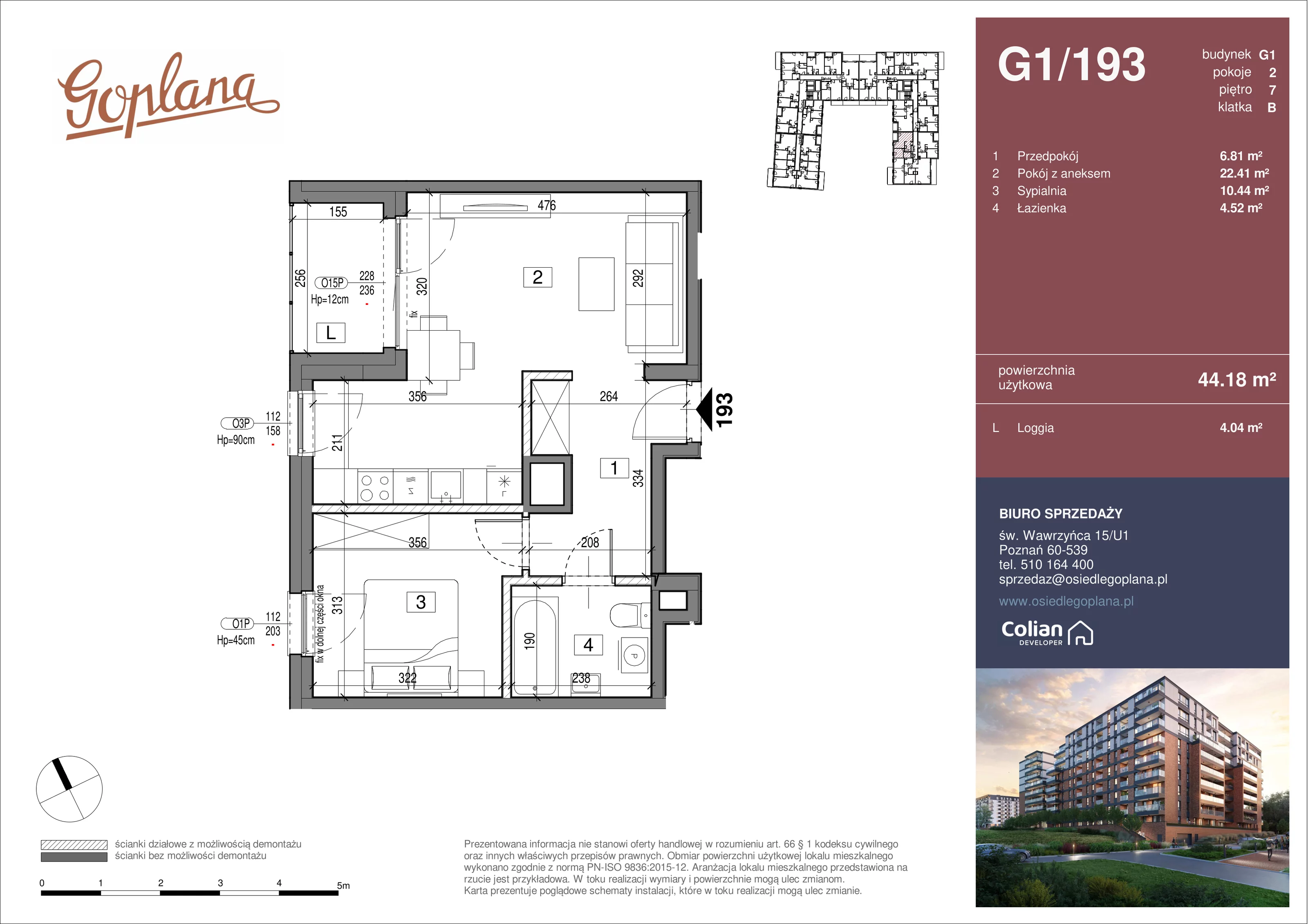2 pokoje, mieszkanie 44,18 m², piętro 7, oferta nr G1/193, Goplana Budynek G, Poznań, Jeżyce, ul. św. Wawrzyńca