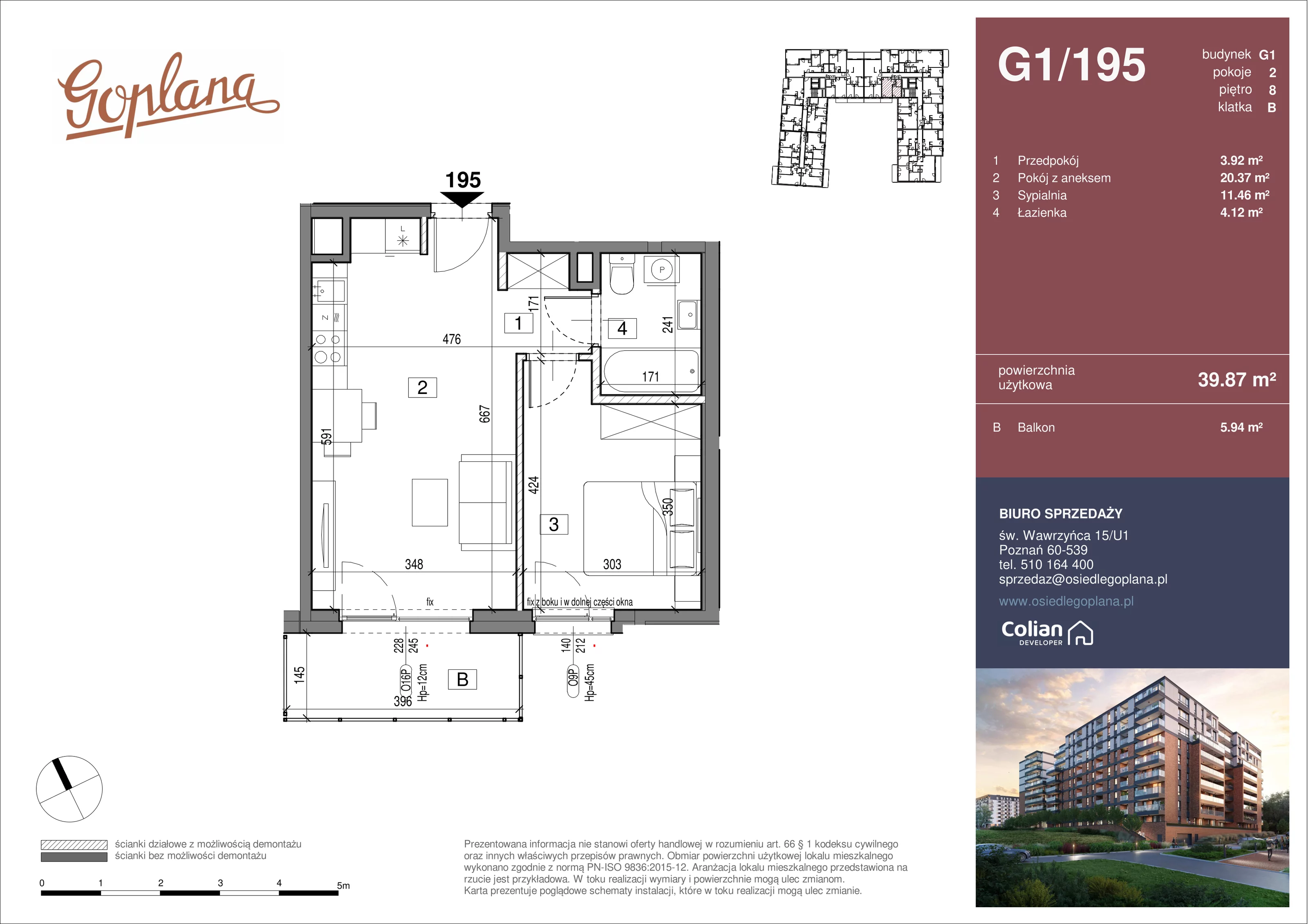 2 pokoje, mieszkanie 39,87 m², piętro 8, oferta nr G1/195, Goplana Budynek G, Poznań, Jeżyce, ul. św. Wawrzyńca