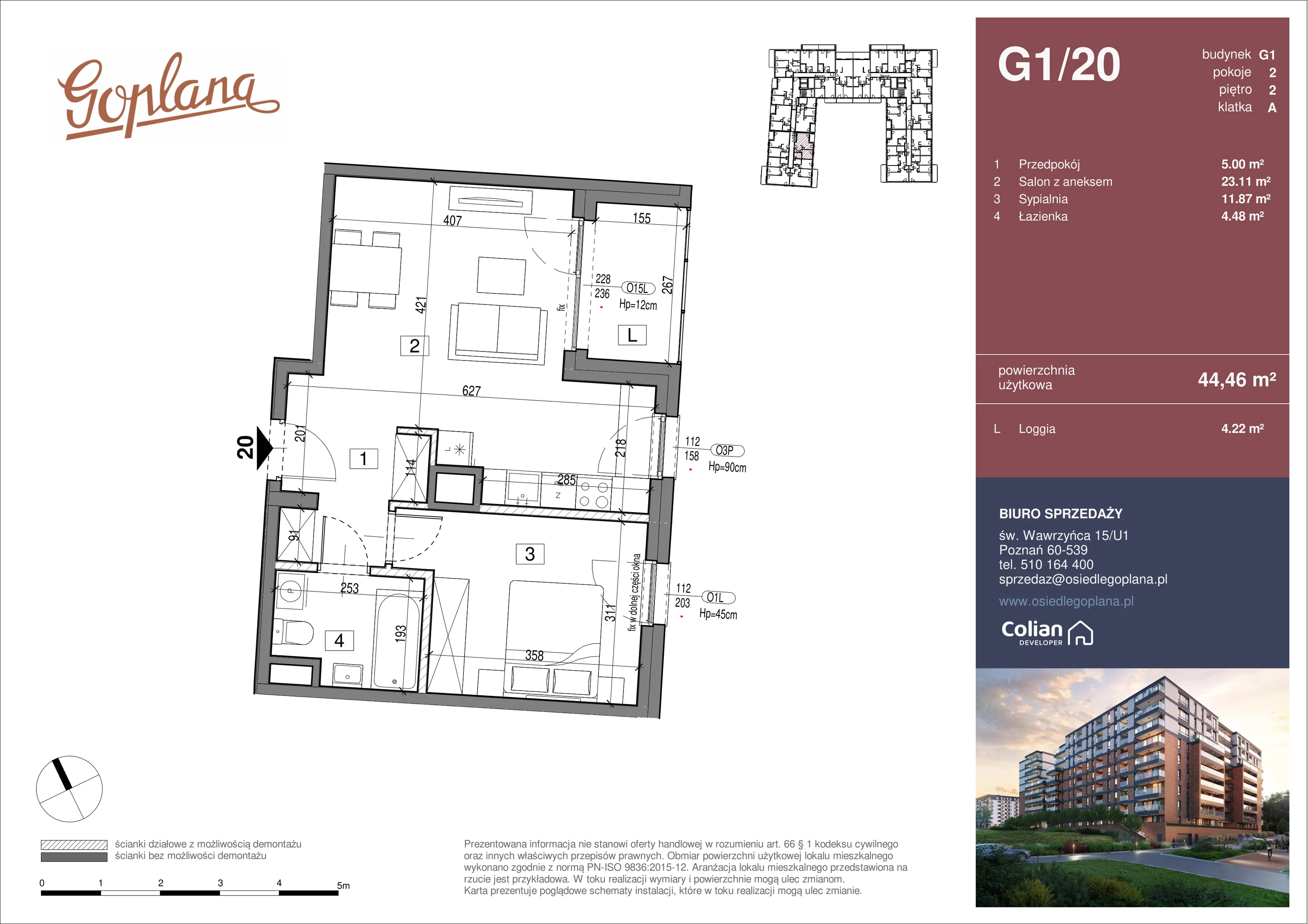2 pokoje, mieszkanie 44,46 m², piętro 2, oferta nr G1/20, Goplana Budynek G, Poznań, Jeżyce, ul. św. Wawrzyńca