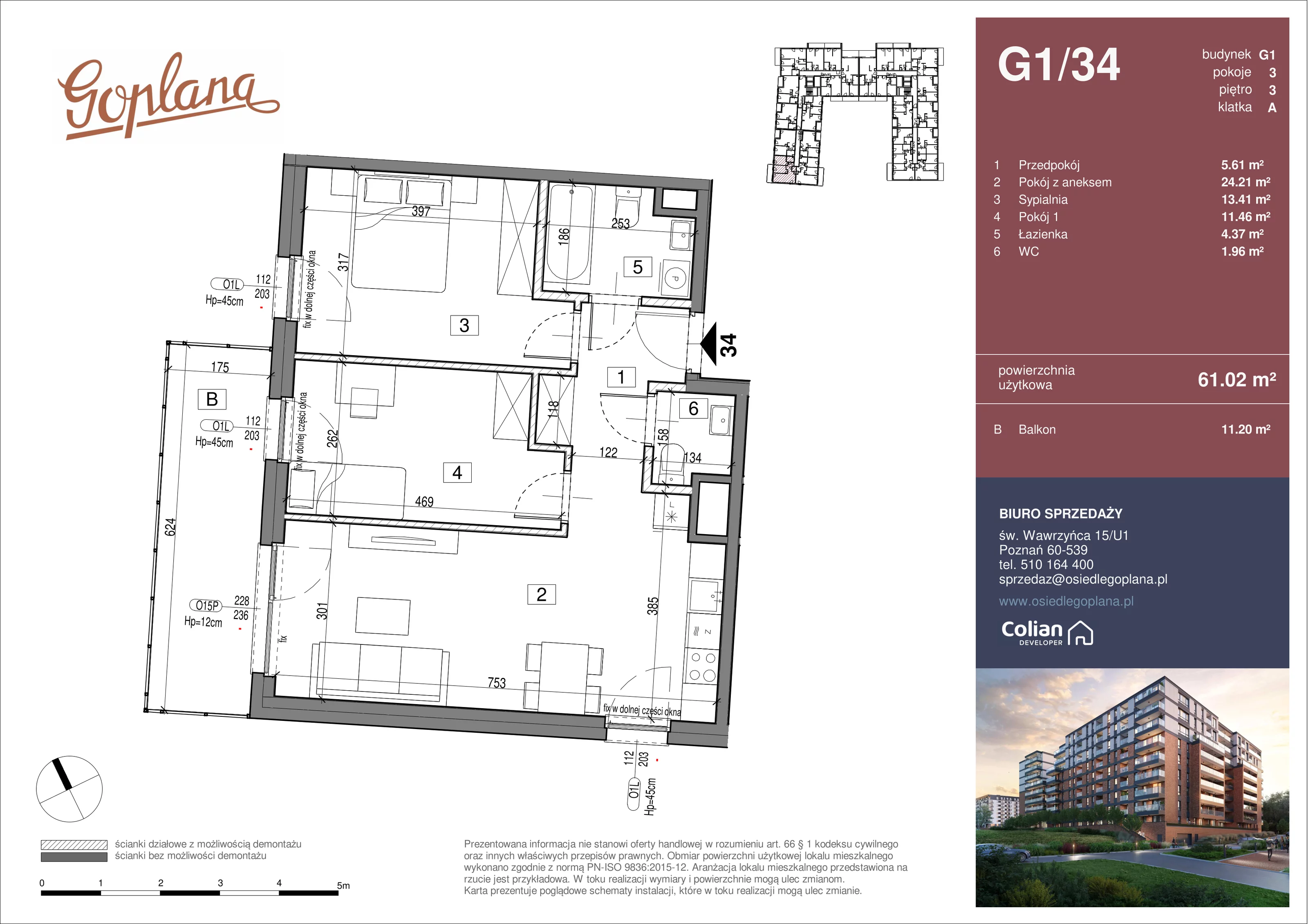 3 pokoje, mieszkanie 61,02 m², piętro 3, oferta nr G1/34, Goplana Budynek G, Poznań, Jeżyce, ul. św. Wawrzyńca