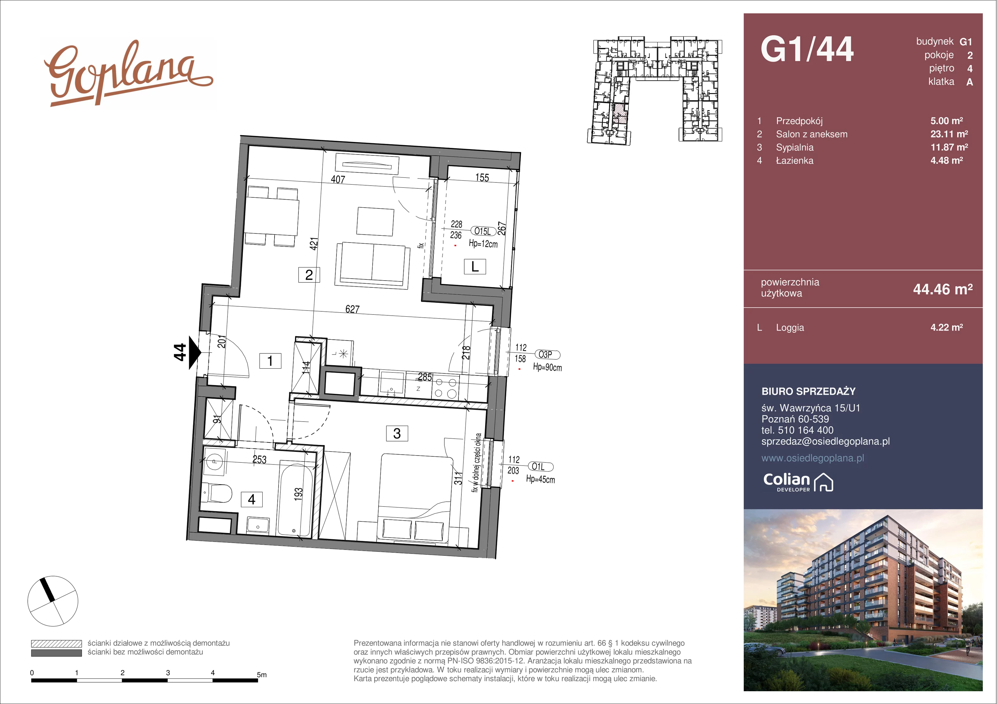 2 pokoje, mieszkanie 44,46 m², piętro 4, oferta nr G1/44, Goplana Budynek G, Poznań, Jeżyce, ul. św. Wawrzyńca