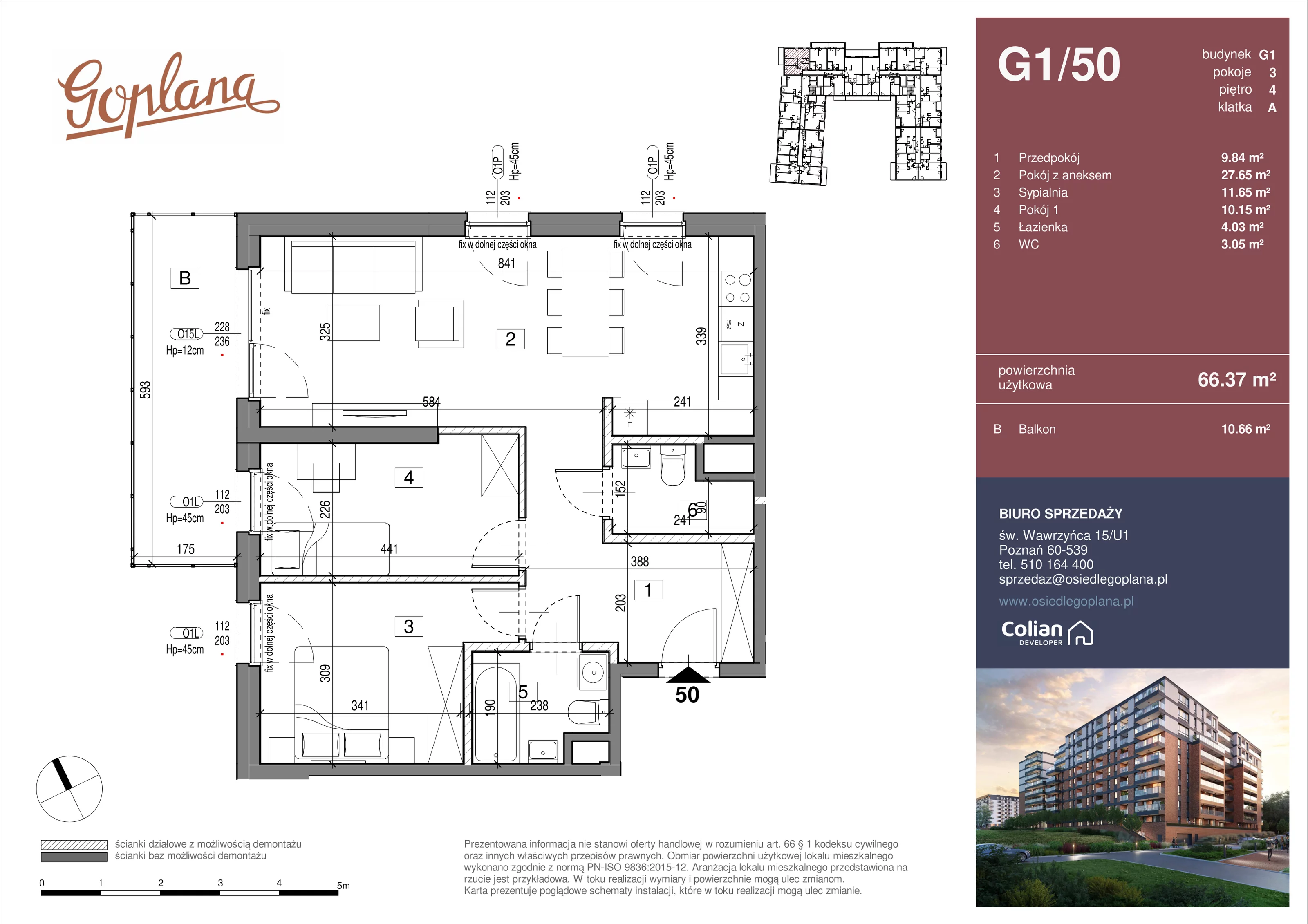 3 pokoje, mieszkanie 66,37 m², piętro 4, oferta nr G1/50, Goplana Budynek G, Poznań, Jeżyce, ul. św. Wawrzyńca