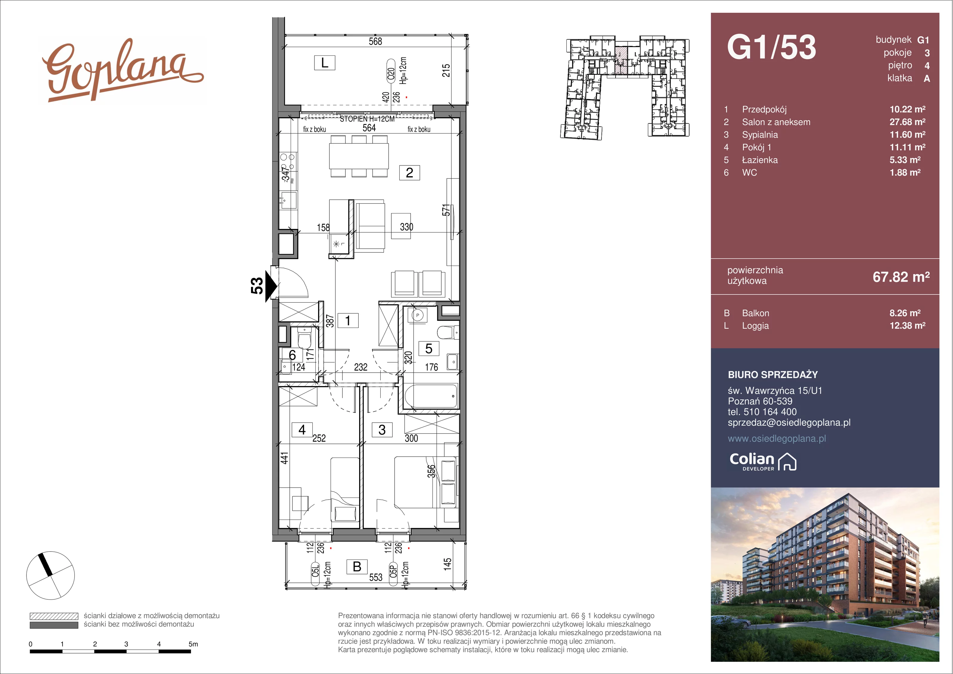 3 pokoje, mieszkanie 67,82 m², piętro 4, oferta nr G1/53, Goplana Budynek G, Poznań, Jeżyce, ul. św. Wawrzyńca