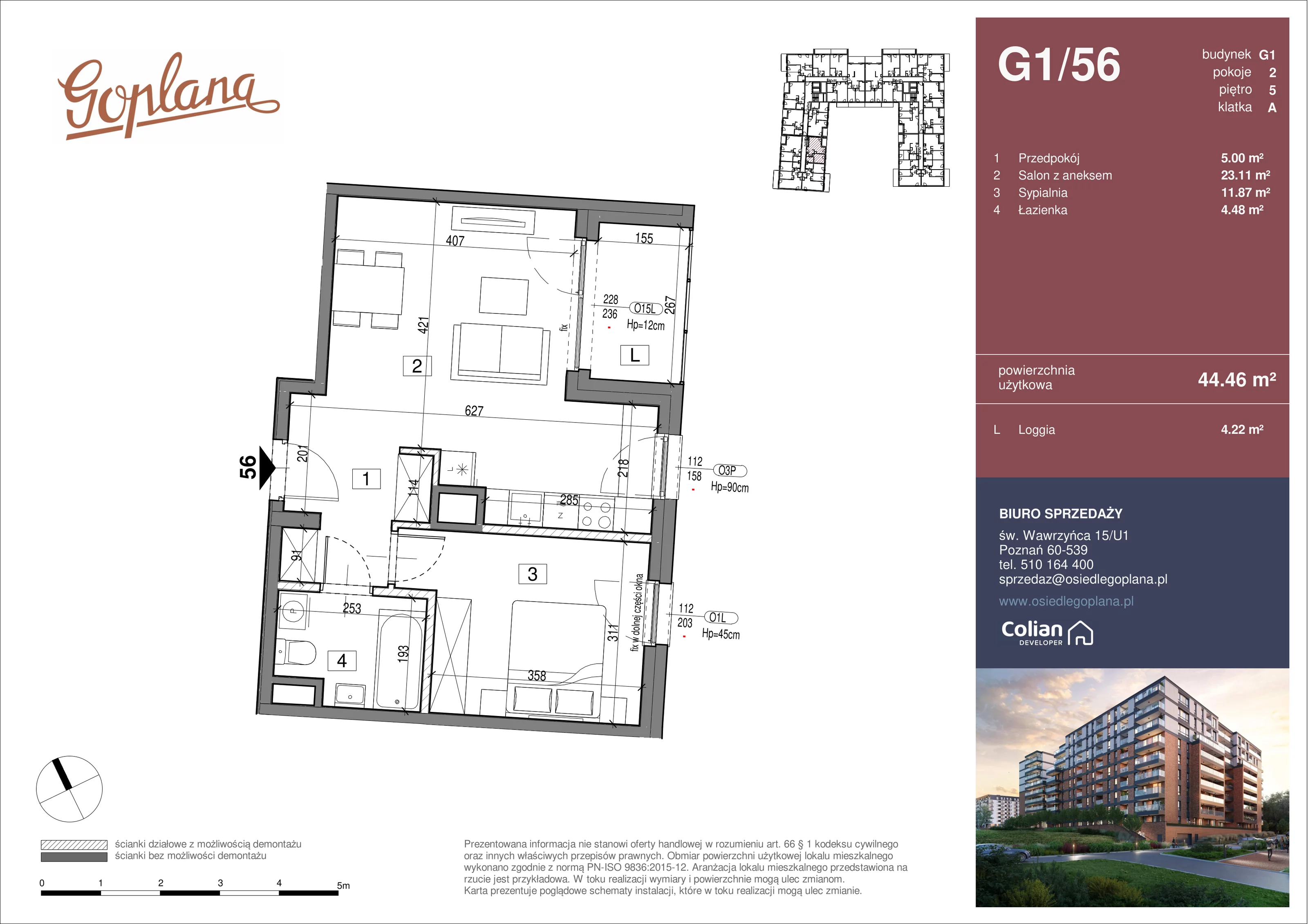 2 pokoje, mieszkanie 44,46 m², piętro 5, oferta nr G1/56, Goplana Budynek G, Poznań, Jeżyce, ul. św. Wawrzyńca