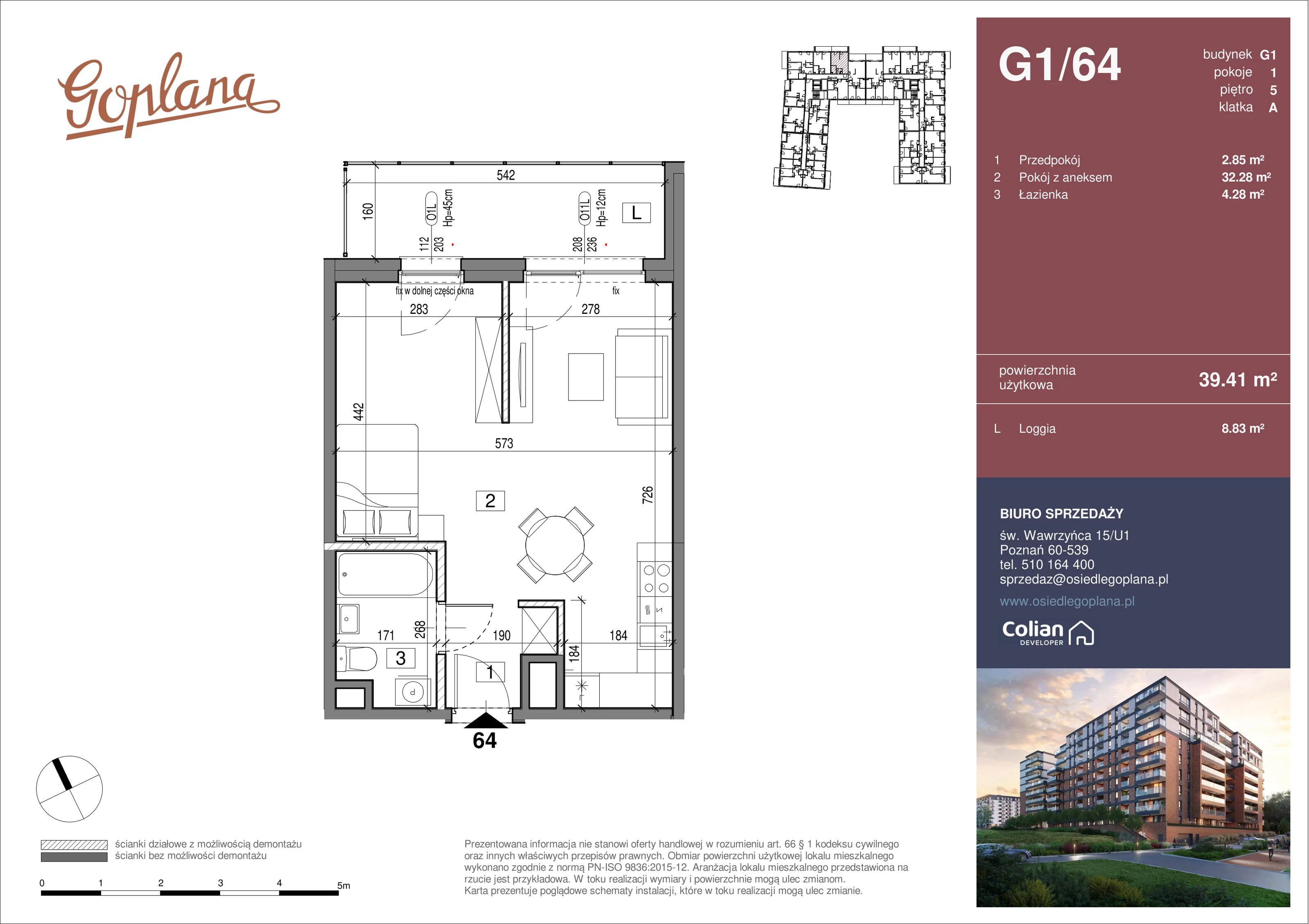 1 pokój, mieszkanie 39,41 m², piętro 5, oferta nr G1/64, Goplana Budynek G, Poznań, Jeżyce, ul. św. Wawrzyńca