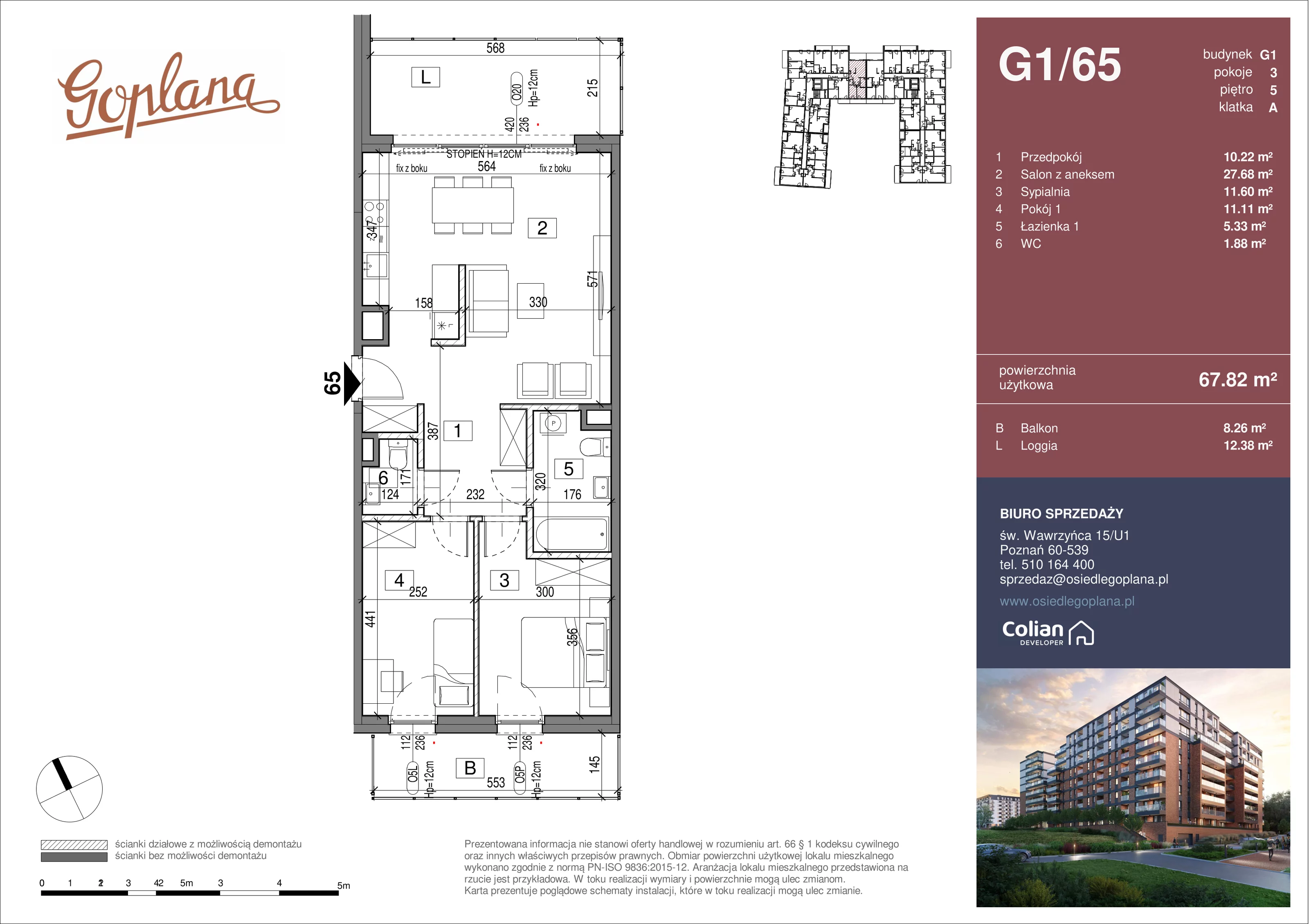 3 pokoje, mieszkanie 67,82 m², piętro 5, oferta nr G1/65, Goplana Budynek G, Poznań, Jeżyce, ul. św. Wawrzyńca
