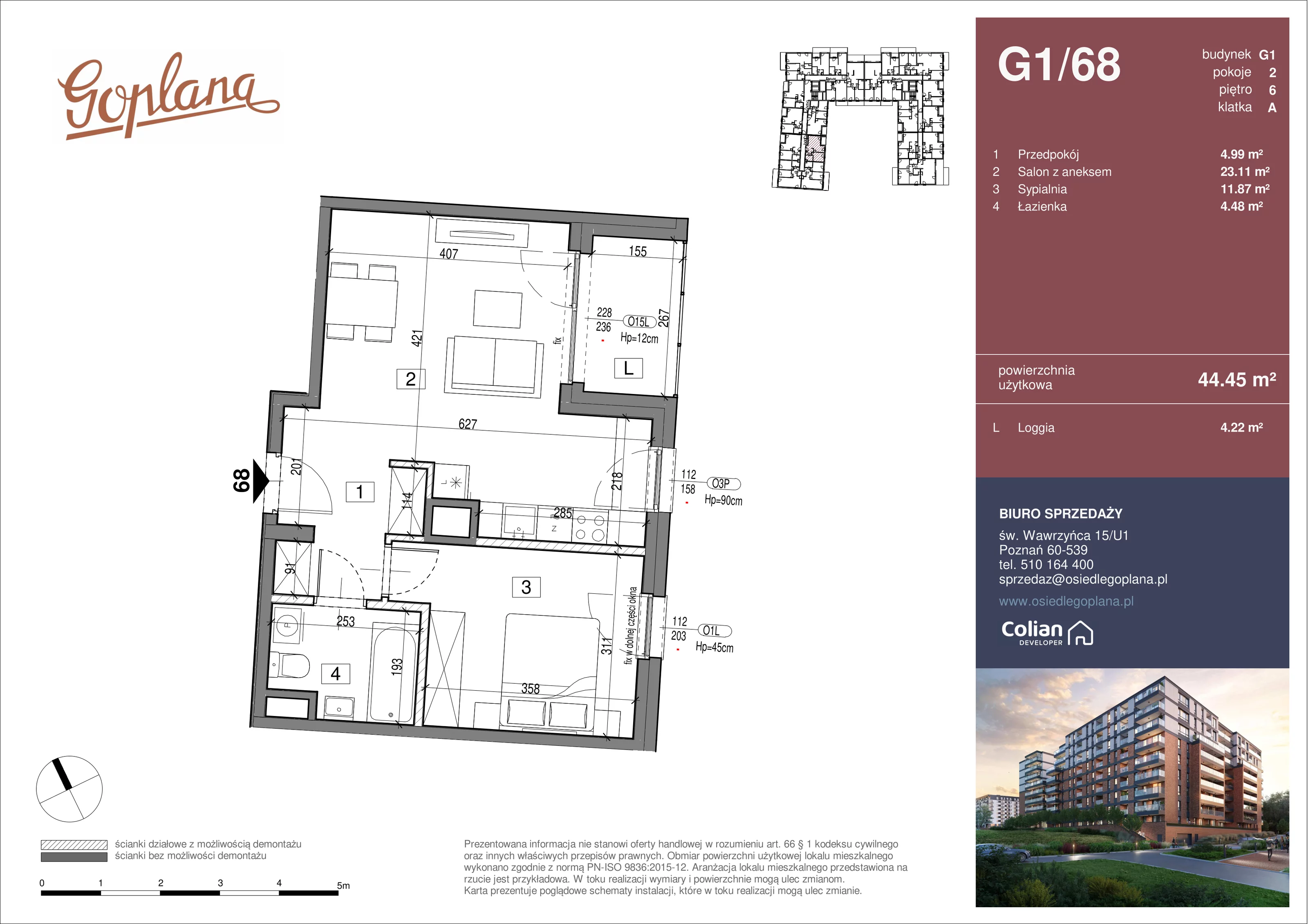 2 pokoje, mieszkanie 44,45 m², piętro 6, oferta nr G1/68, Goplana Budynek G, Poznań, Jeżyce, ul. św. Wawrzyńca
