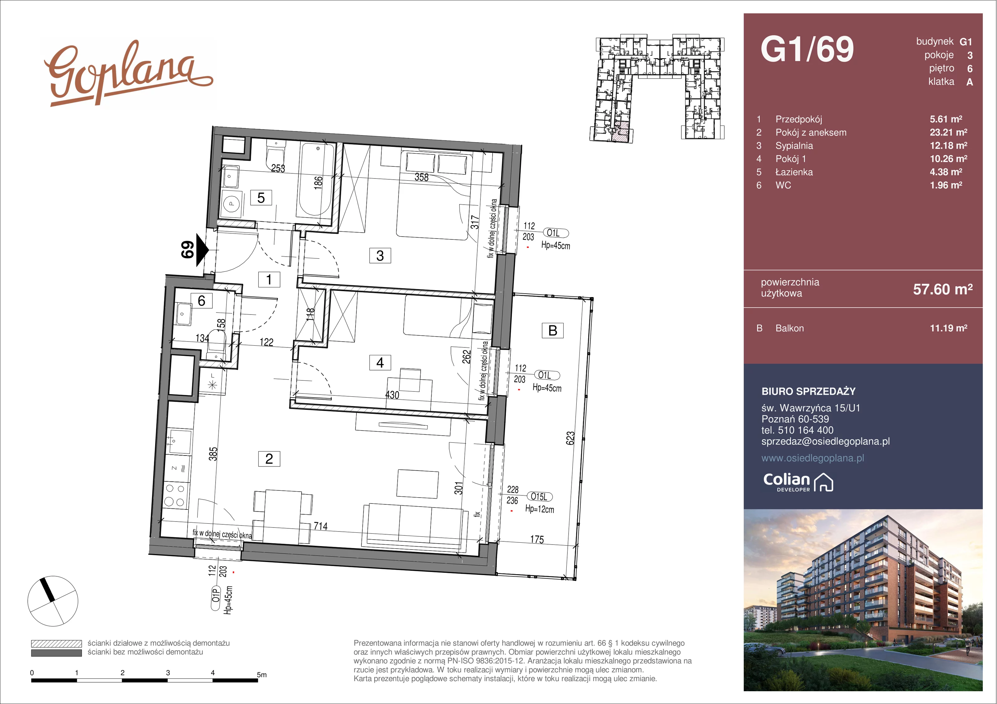 3 pokoje, mieszkanie 57,60 m², piętro 6, oferta nr G1/69, Goplana Budynek G, Poznań, Jeżyce, ul. św. Wawrzyńca