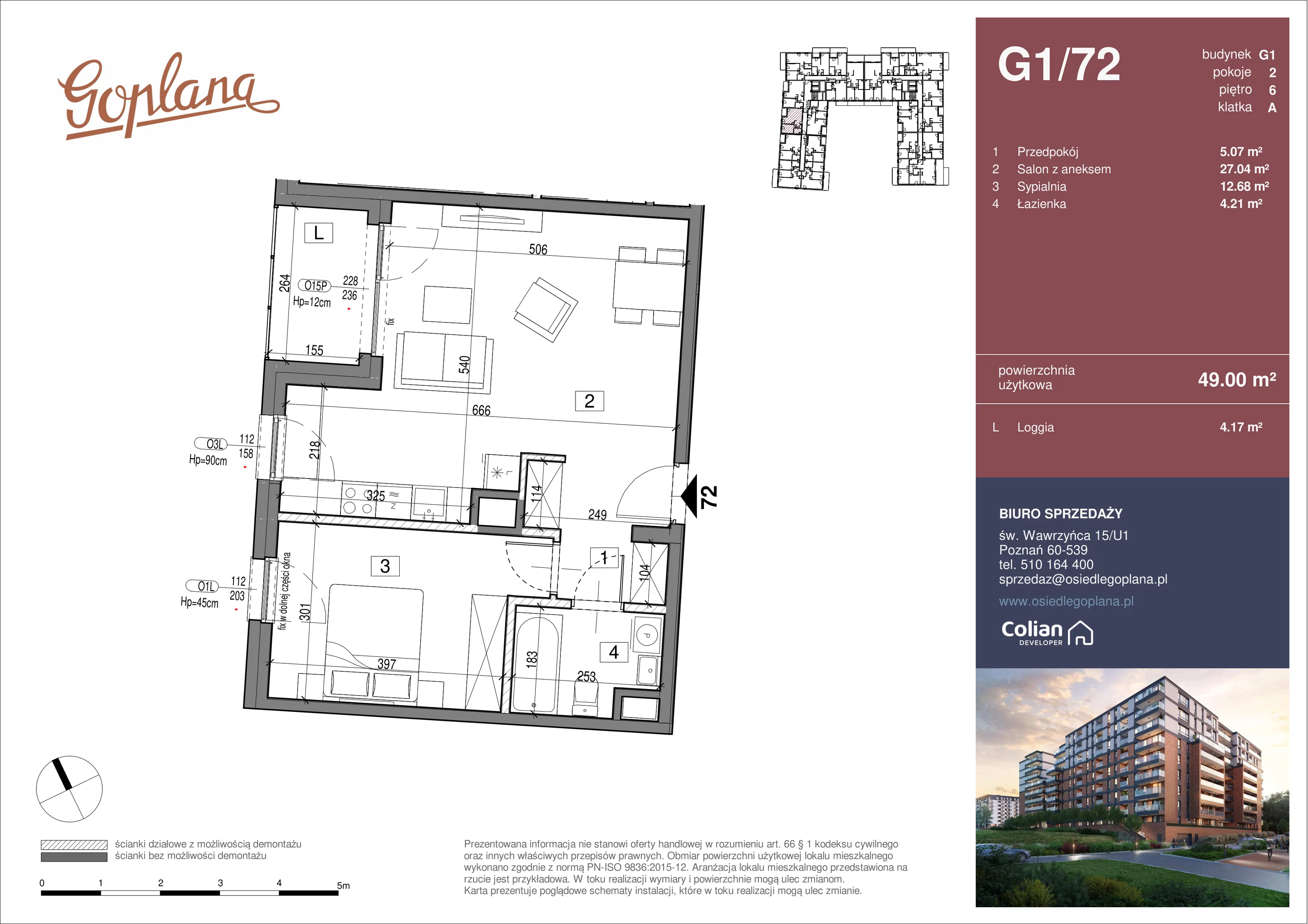 2 pokoje, mieszkanie 49,00 m², piętro 6, oferta nr G1/72, Goplana Budynek G, Poznań, Jeżyce, ul. św. Wawrzyńca