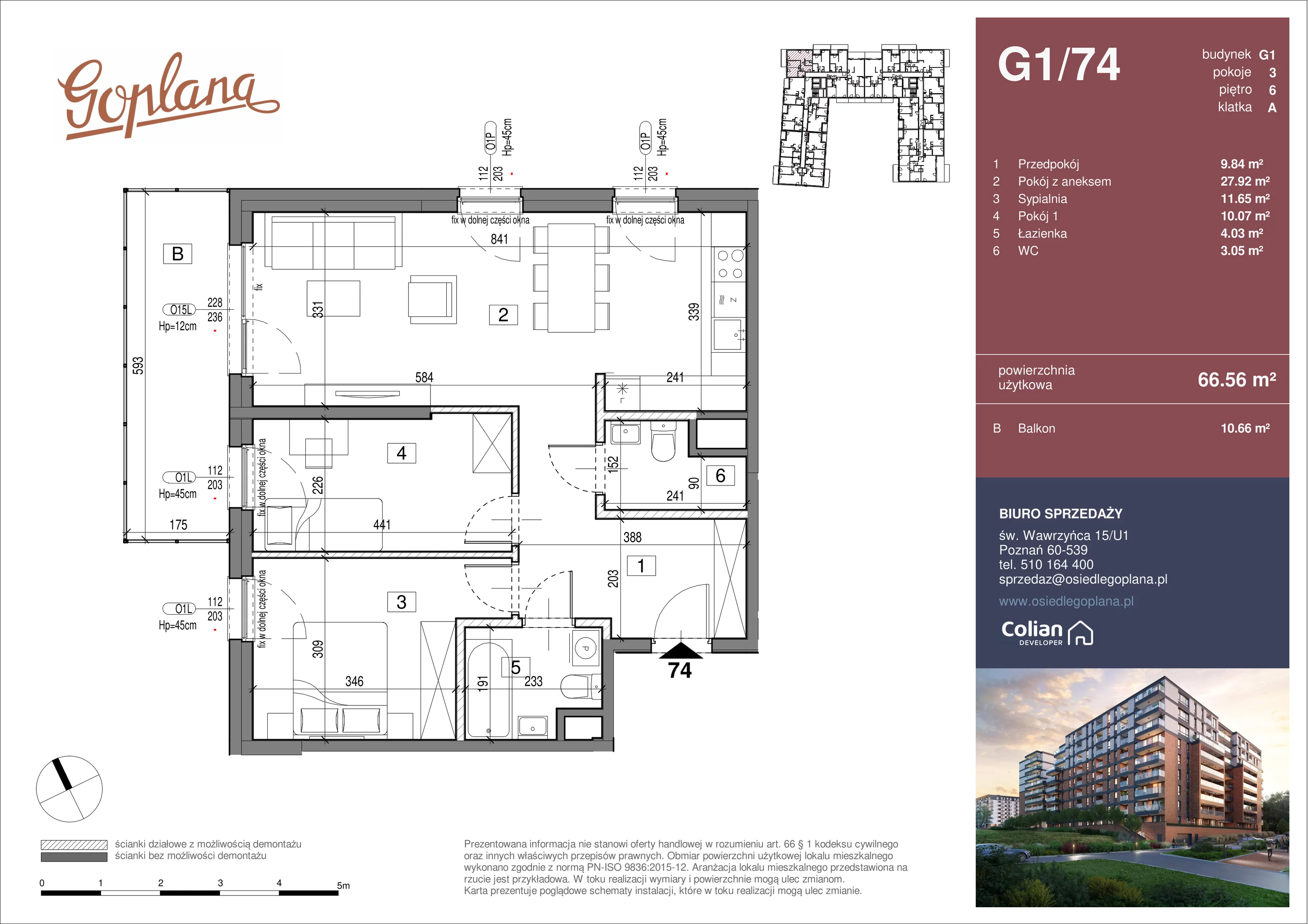 3 pokoje, mieszkanie 66,56 m², piętro 6, oferta nr G1/74, Goplana Budynek G, Poznań, Jeżyce, ul. św. Wawrzyńca