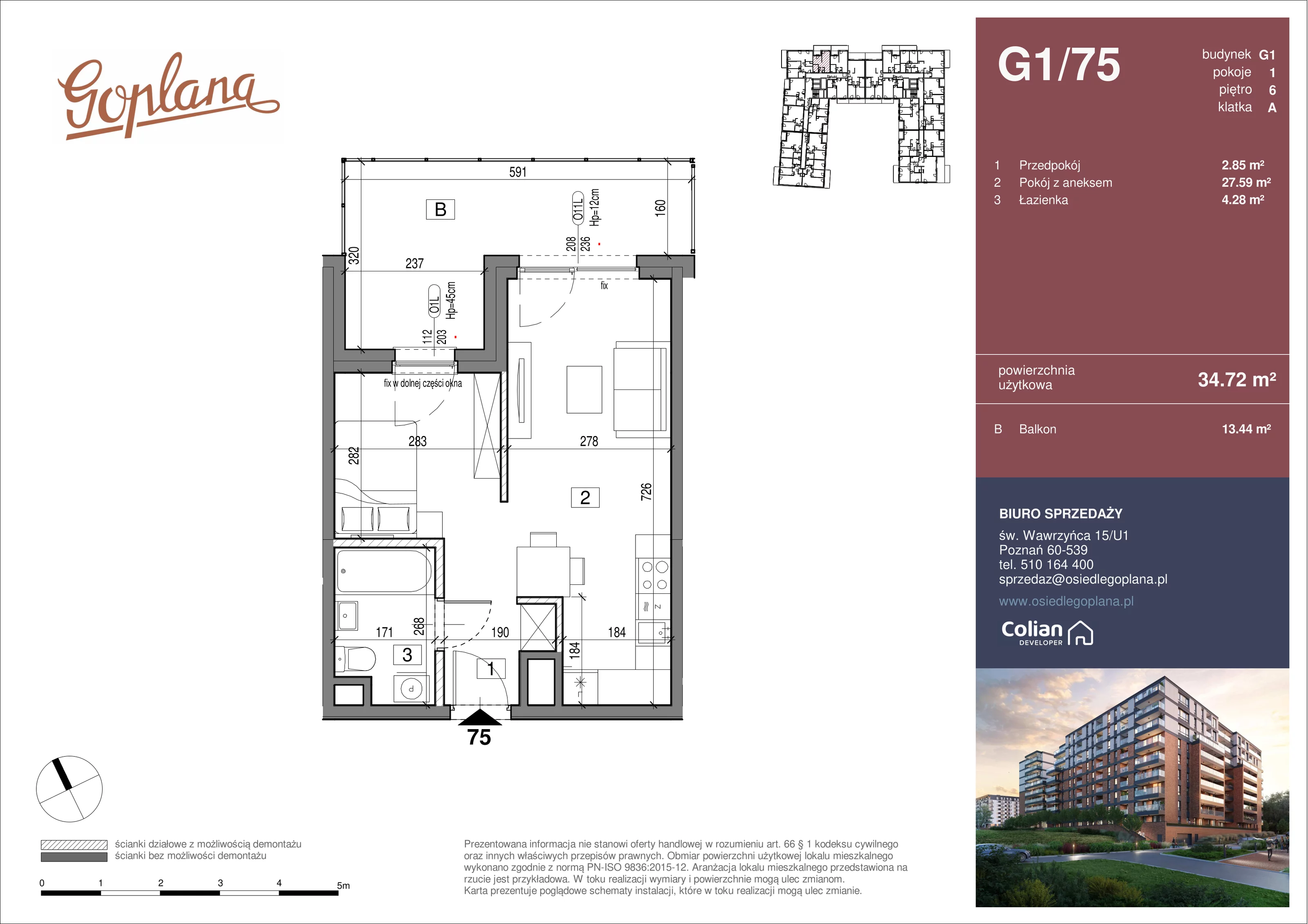 1 pokój, mieszkanie 34,72 m², piętro 6, oferta nr G1/75, Goplana Budynek G, Poznań, Jeżyce, ul. św. Wawrzyńca