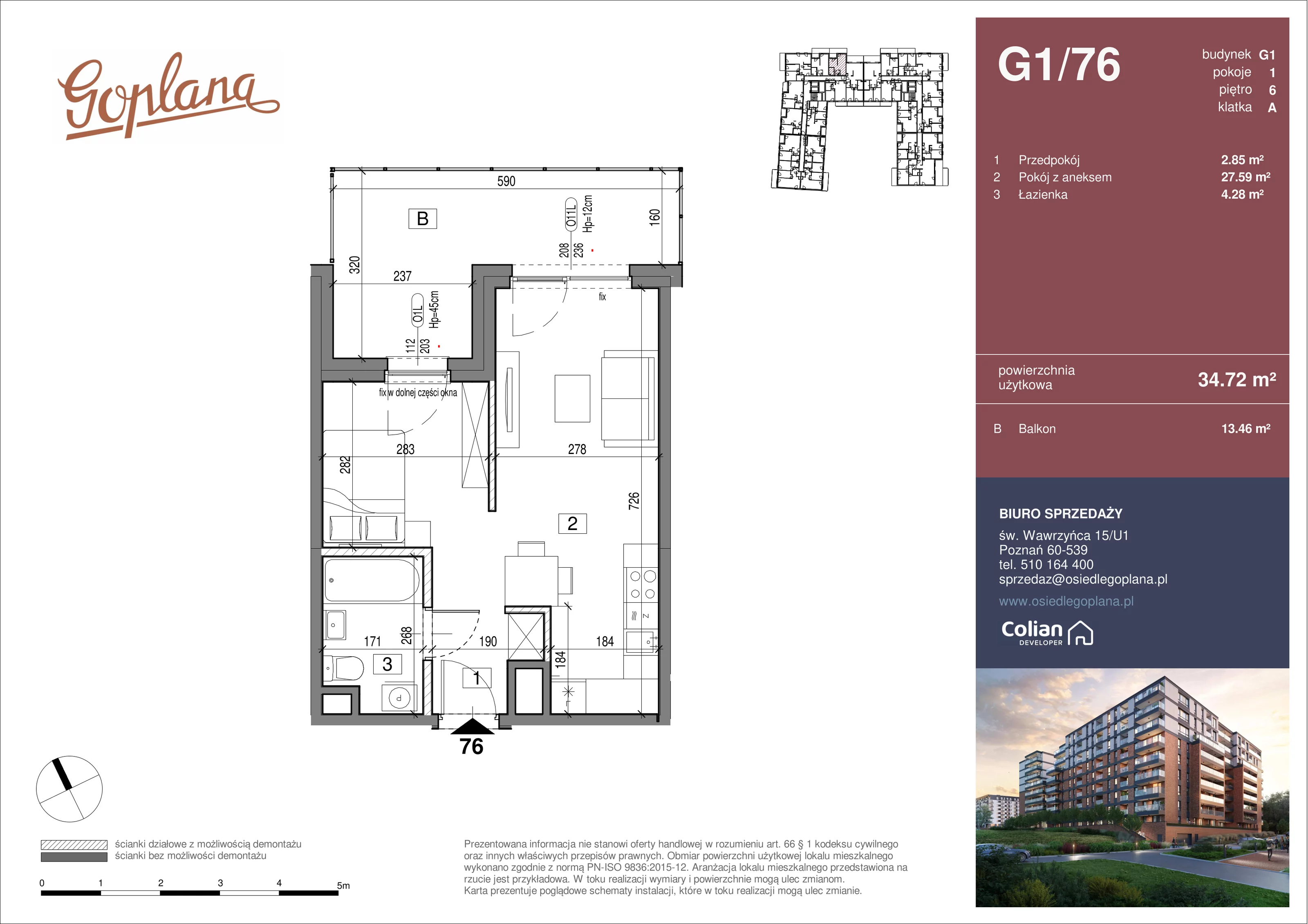 1 pokój, mieszkanie 34,72 m², piętro 6, oferta nr G1/76, Goplana Budynek G, Poznań, Jeżyce, ul. św. Wawrzyńca