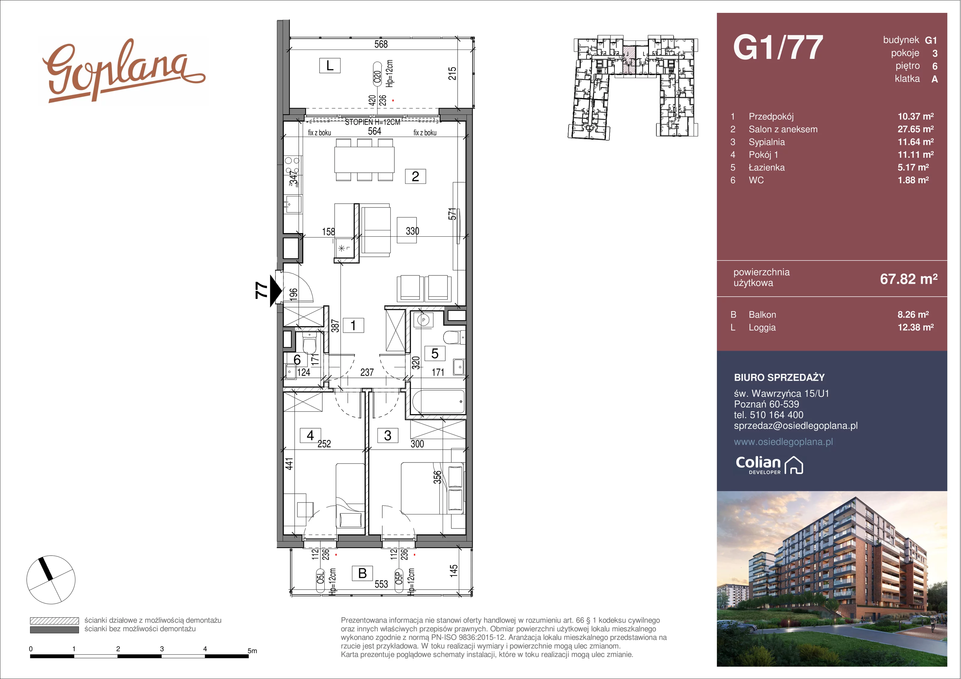 3 pokoje, mieszkanie 67,82 m², piętro 6, oferta nr G1/77, Goplana Budynek G, Poznań, Jeżyce, ul. św. Wawrzyńca