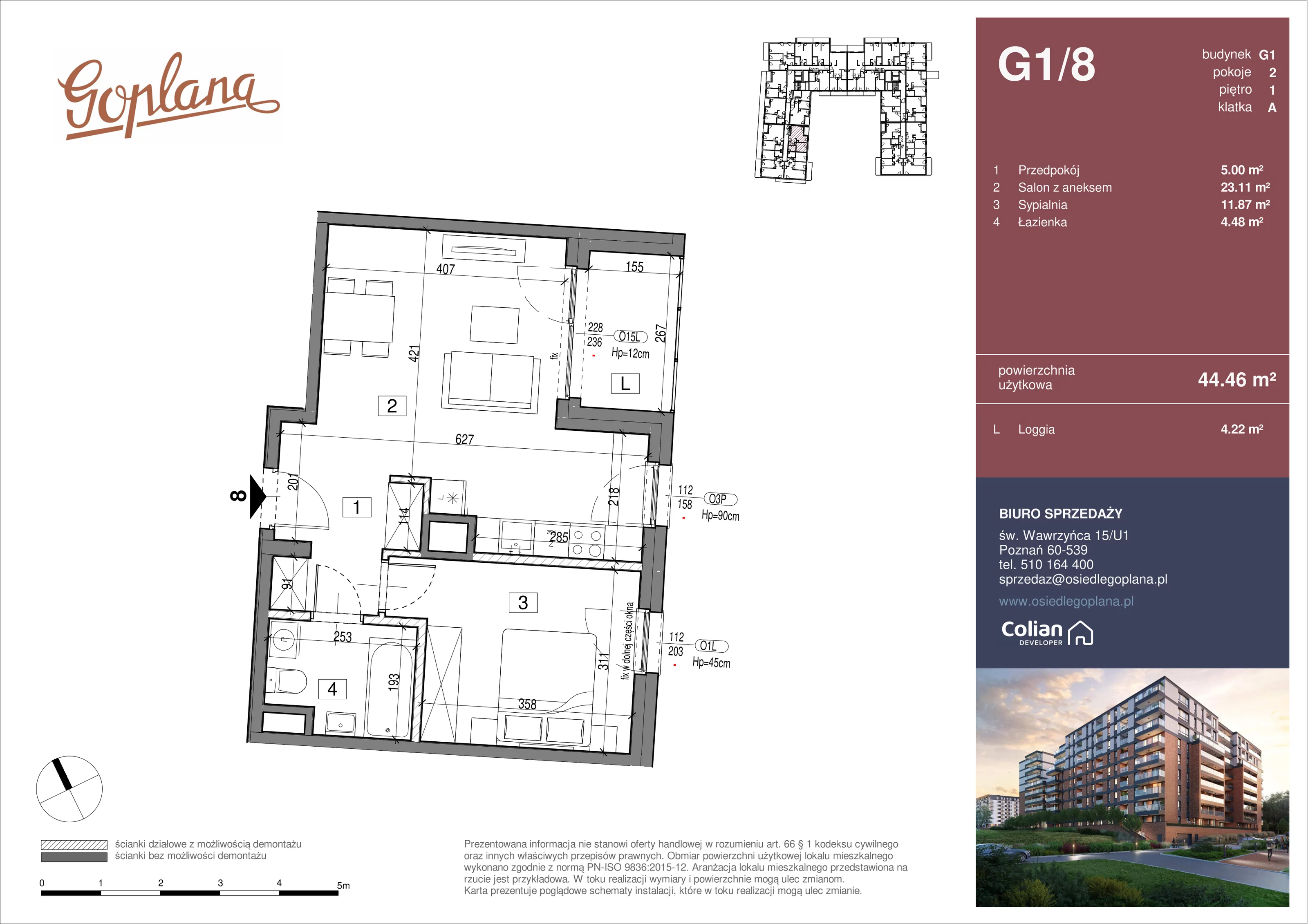 2 pokoje, mieszkanie 44,46 m², piętro 1, oferta nr G1/8, Goplana Budynek G, Poznań, Jeżyce, ul. św. Wawrzyńca