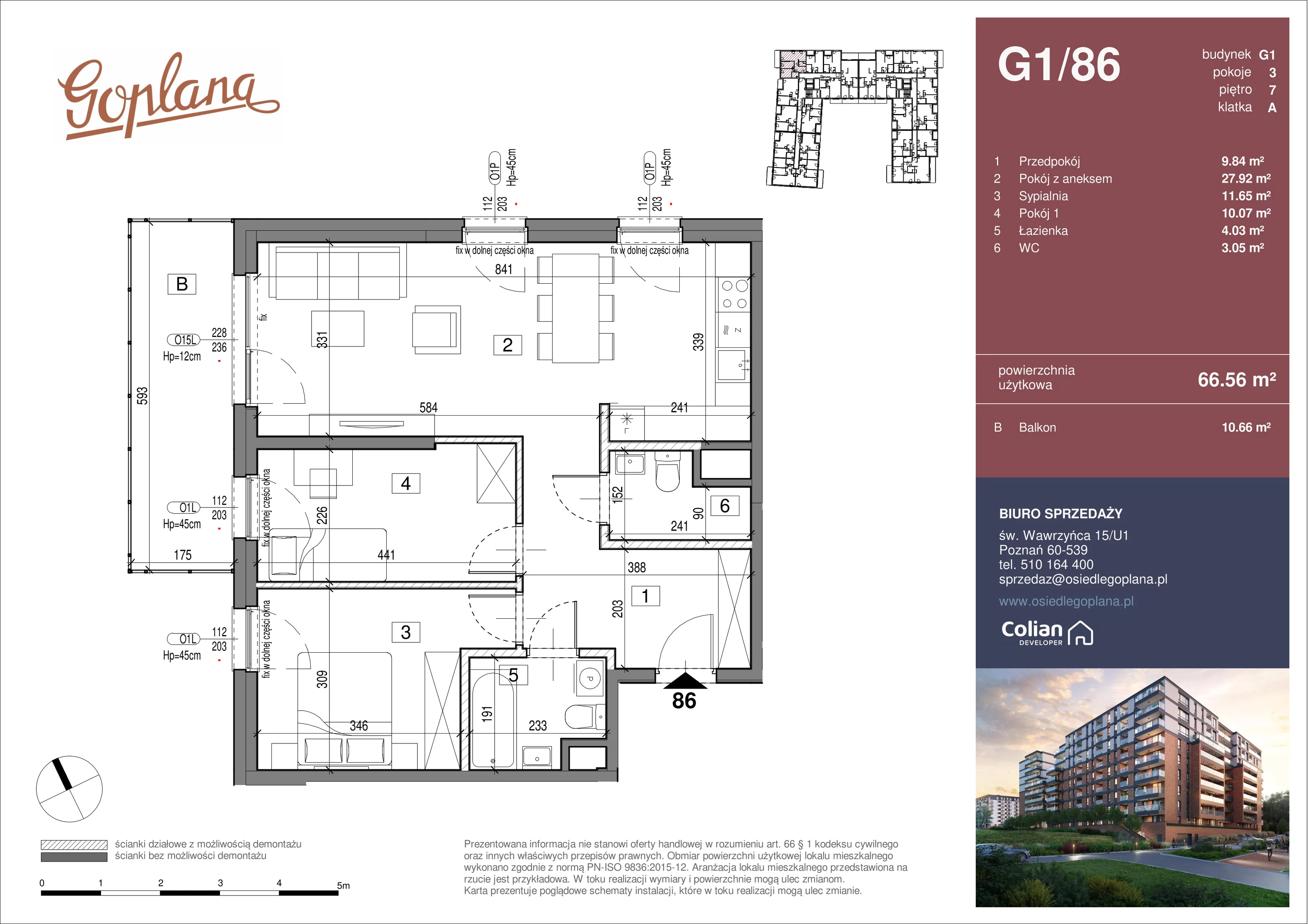 3 pokoje, mieszkanie 66,56 m², piętro 7, oferta nr G1/86, Goplana Budynek G, Poznań, Jeżyce, ul. św. Wawrzyńca
