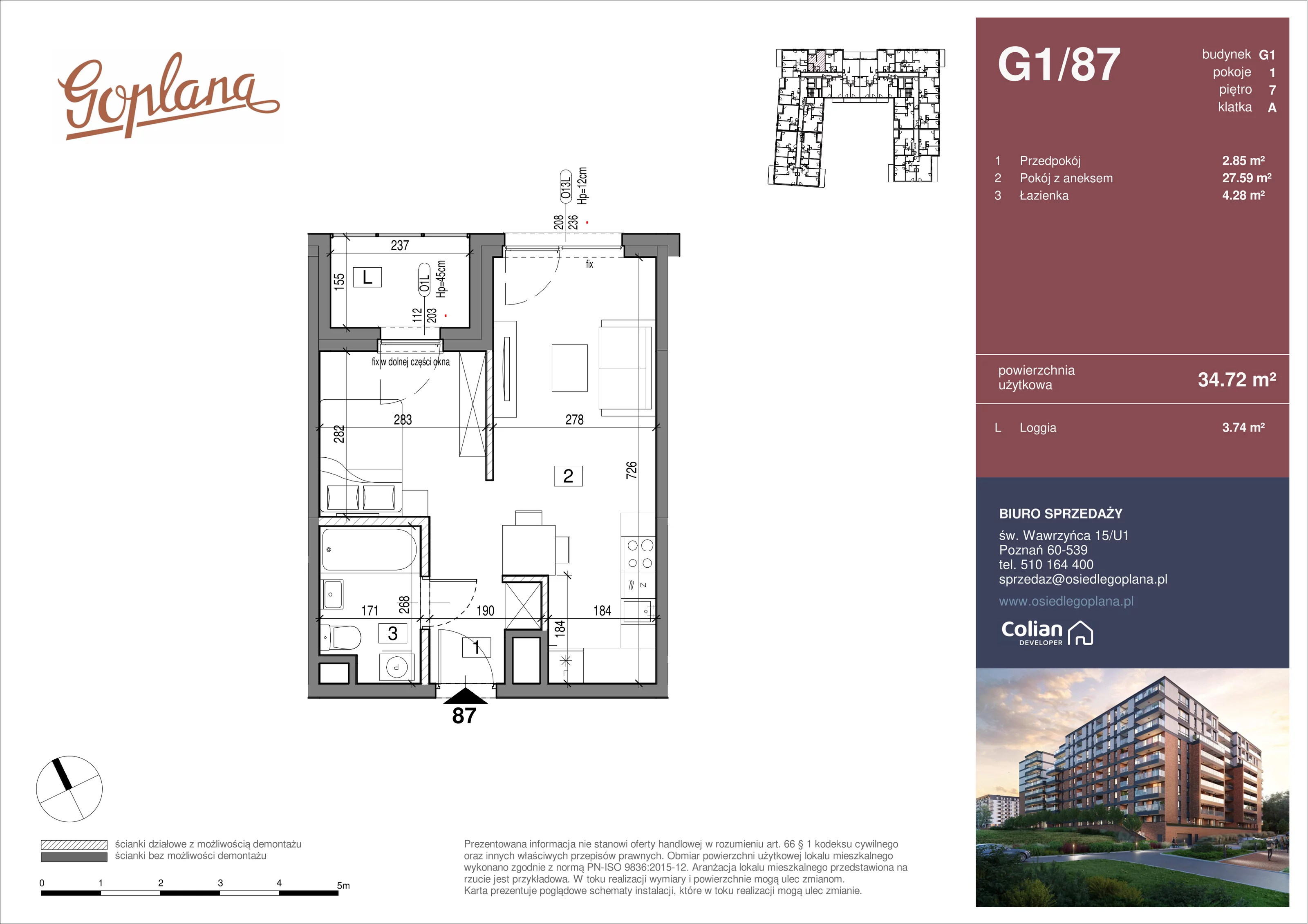 1 pokój, mieszkanie 34,72 m², piętro 7, oferta nr G1/87, Goplana Budynek G, Poznań, Jeżyce, ul. św. Wawrzyńca