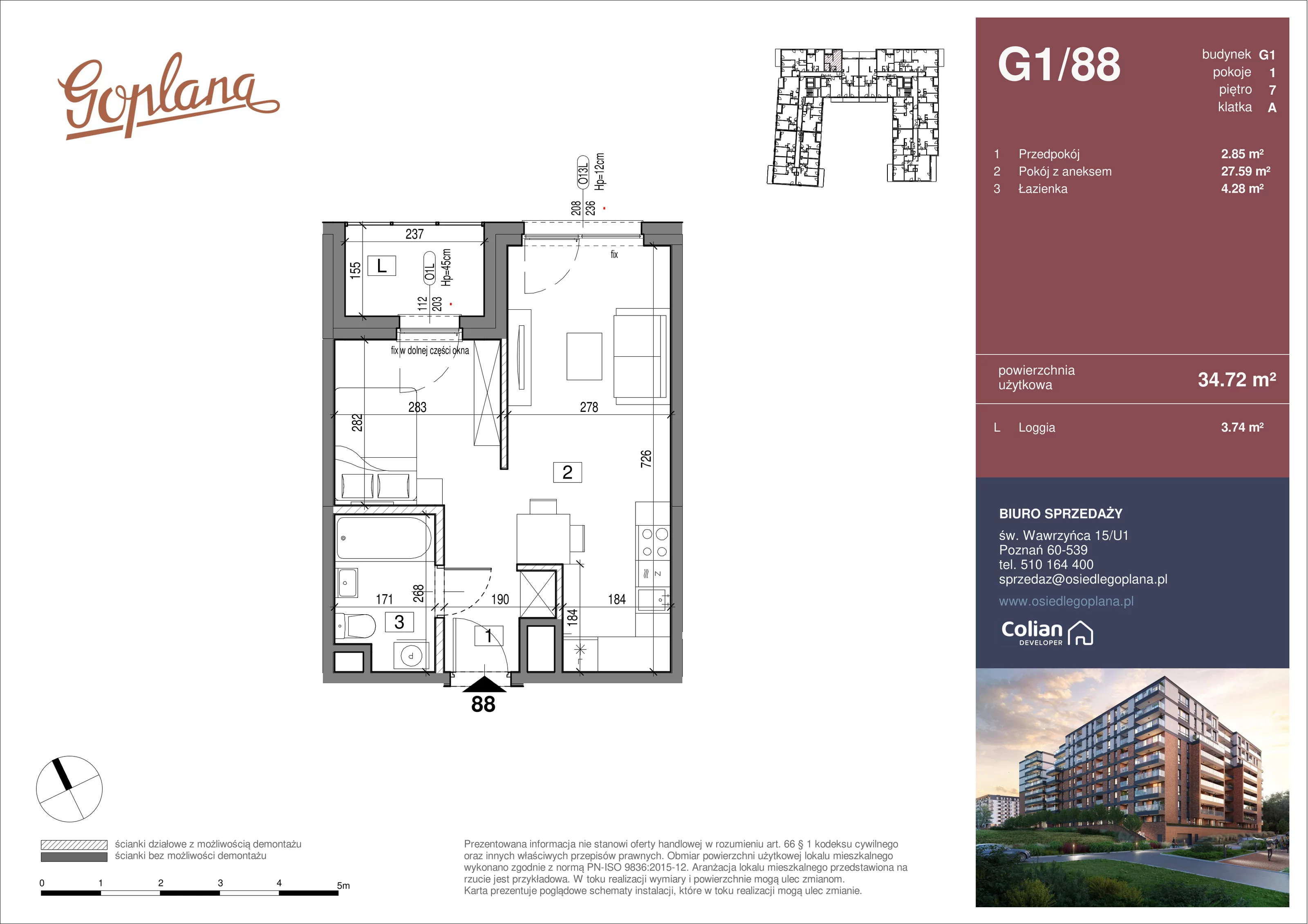 1 pokój, mieszkanie 34,72 m², piętro 7, oferta nr G1/88, Goplana Budynek G, Poznań, Jeżyce, ul. św. Wawrzyńca