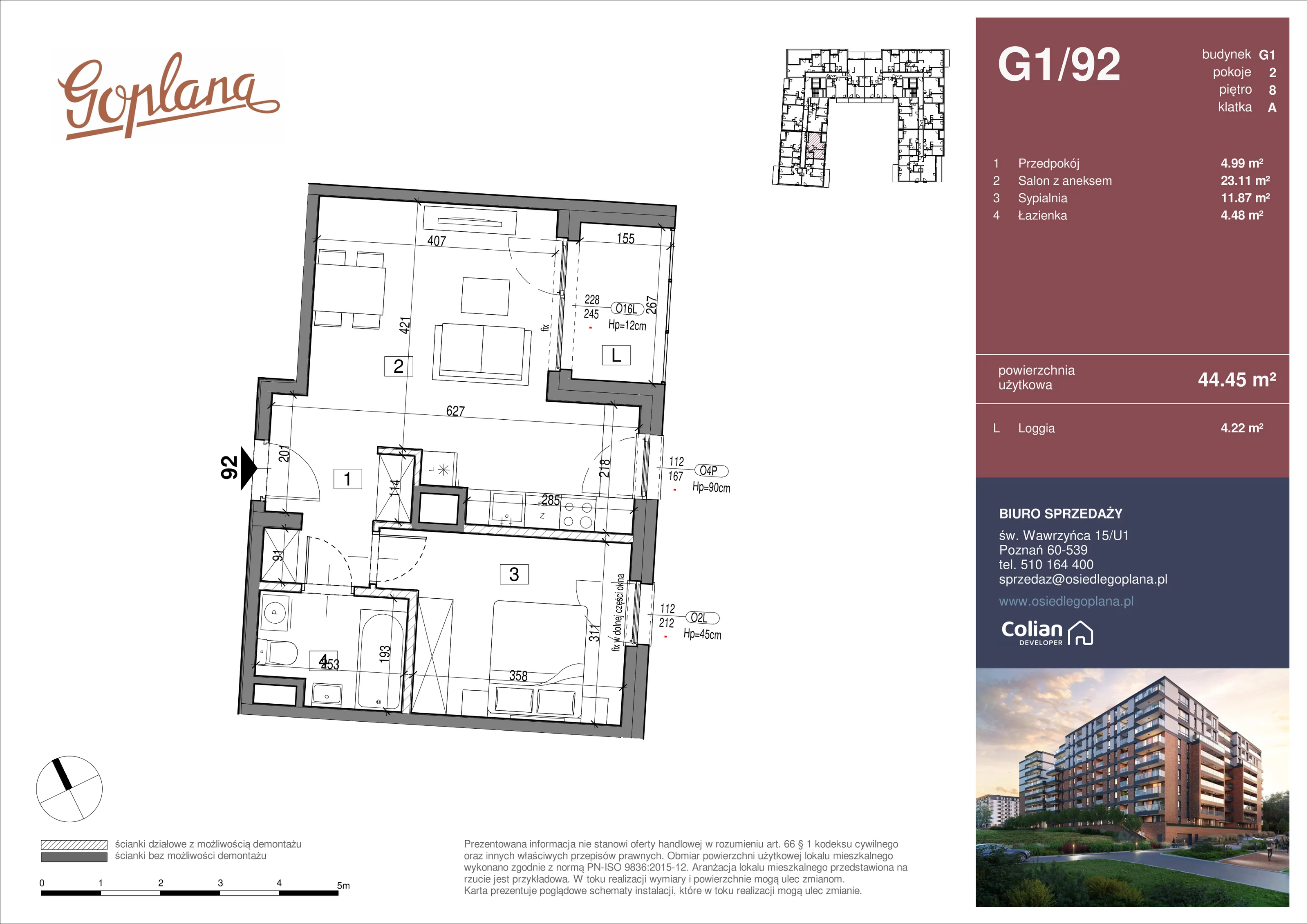 2 pokoje, mieszkanie 44,45 m², piętro 8, oferta nr G1/92, Goplana Budynek G, Poznań, Jeżyce, ul. św. Wawrzyńca