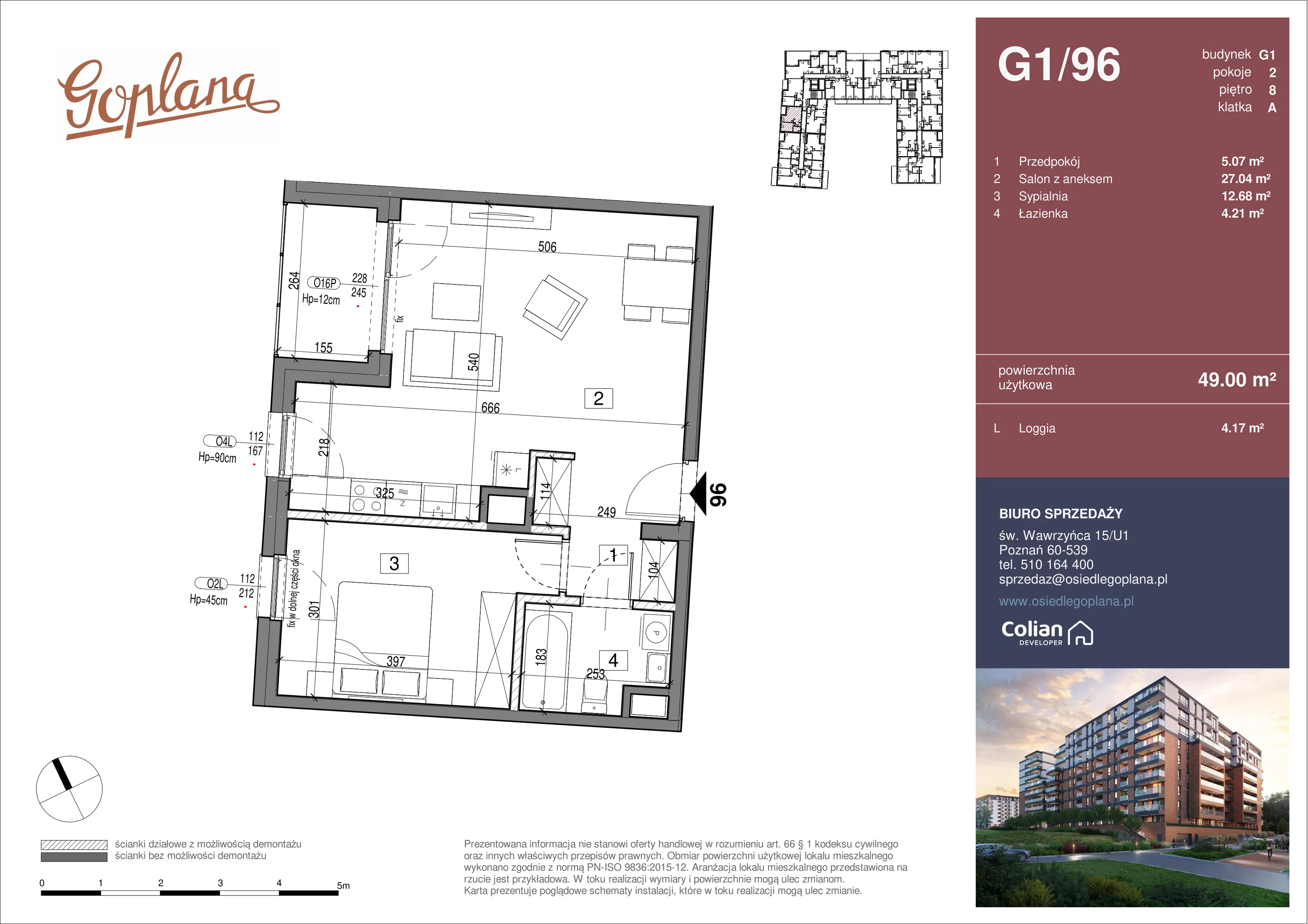 2 pokoje, mieszkanie 49,00 m², piętro 8, oferta nr G1/96, Goplana Budynek G, Poznań, Jeżyce, ul. św. Wawrzyńca