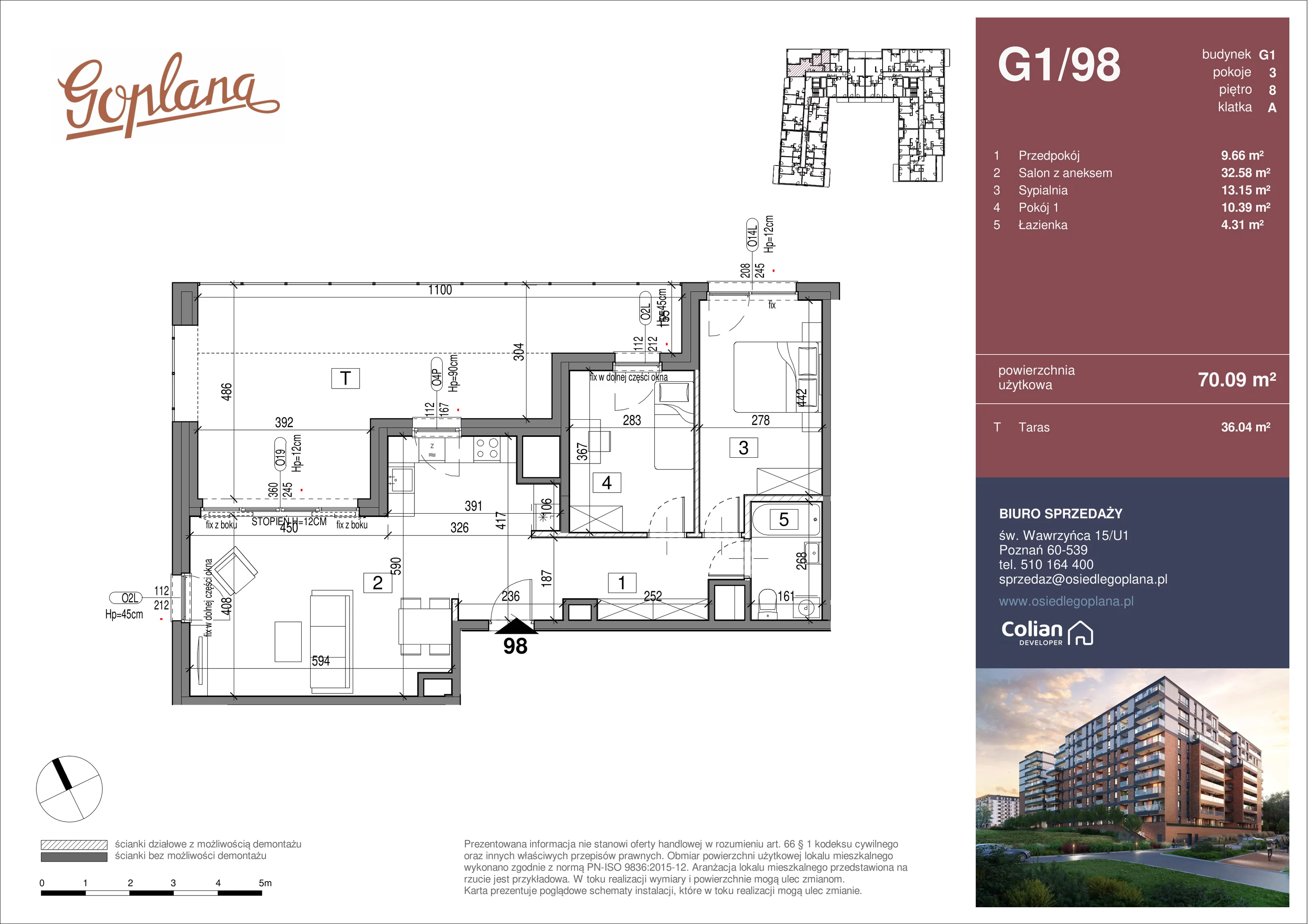 3 pokoje, mieszkanie 70,09 m², piętro 8, oferta nr G1/98, Goplana Budynek G, Poznań, Jeżyce, ul. św. Wawrzyńca