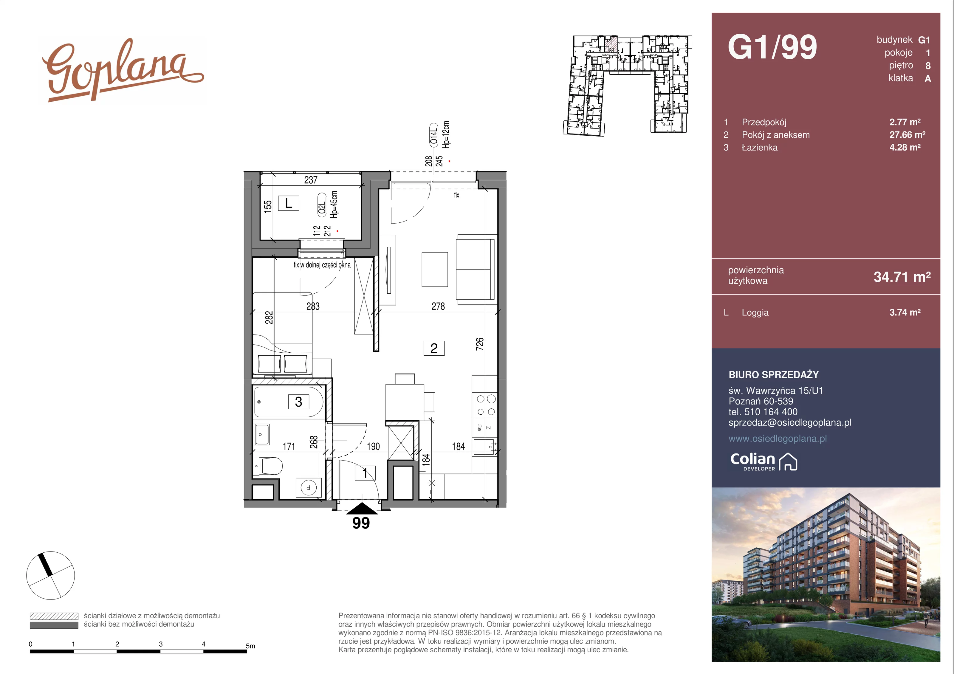 1 pokój, mieszkanie 34,71 m², piętro 8, oferta nr G1/99, Goplana Budynek G, Poznań, Jeżyce, ul. św. Wawrzyńca