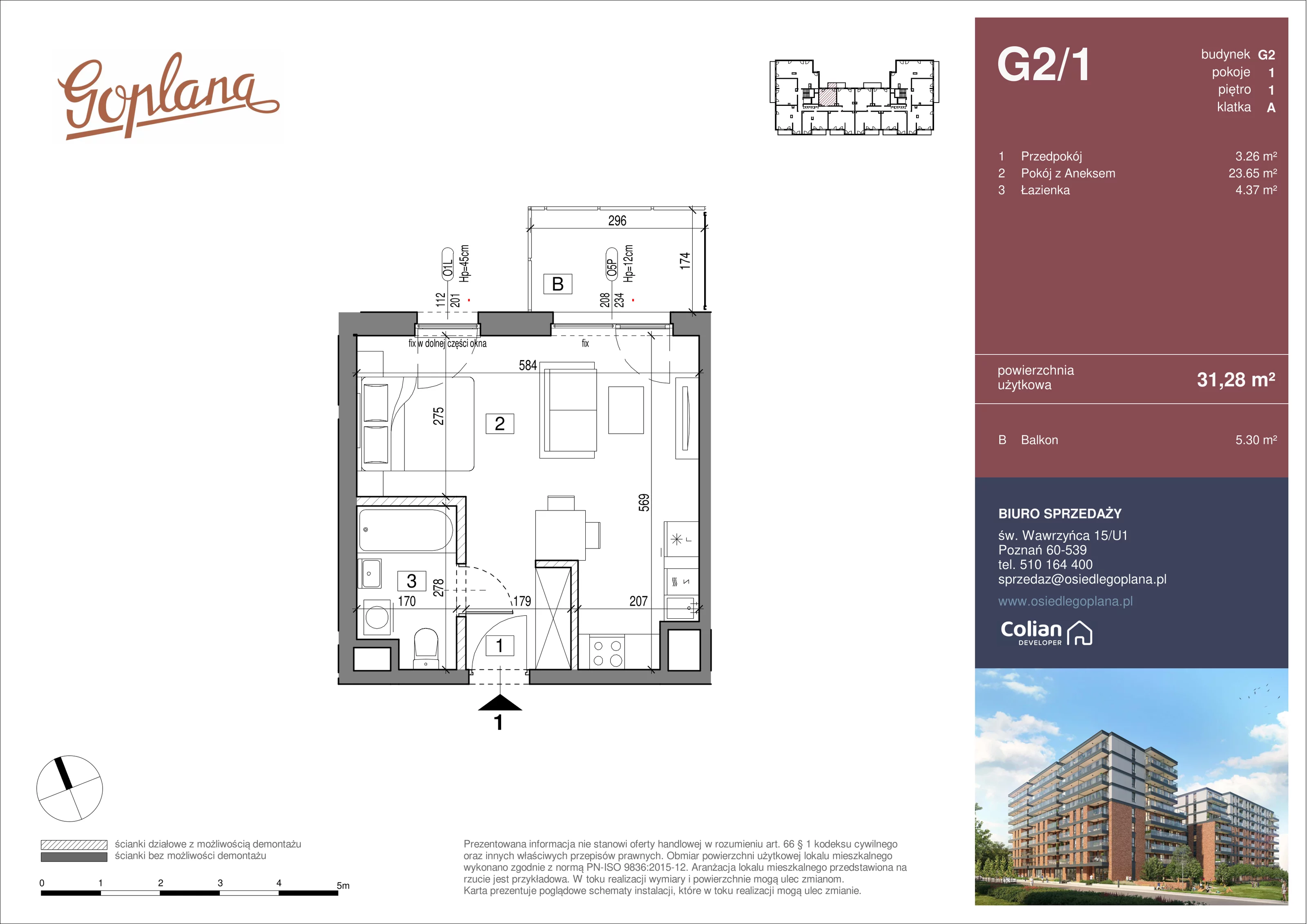 1 pokój, mieszkanie 31,28 m², piętro 1, oferta nr G2/1, Goplana Budynek G, Poznań, Jeżyce, ul. św. Wawrzyńca