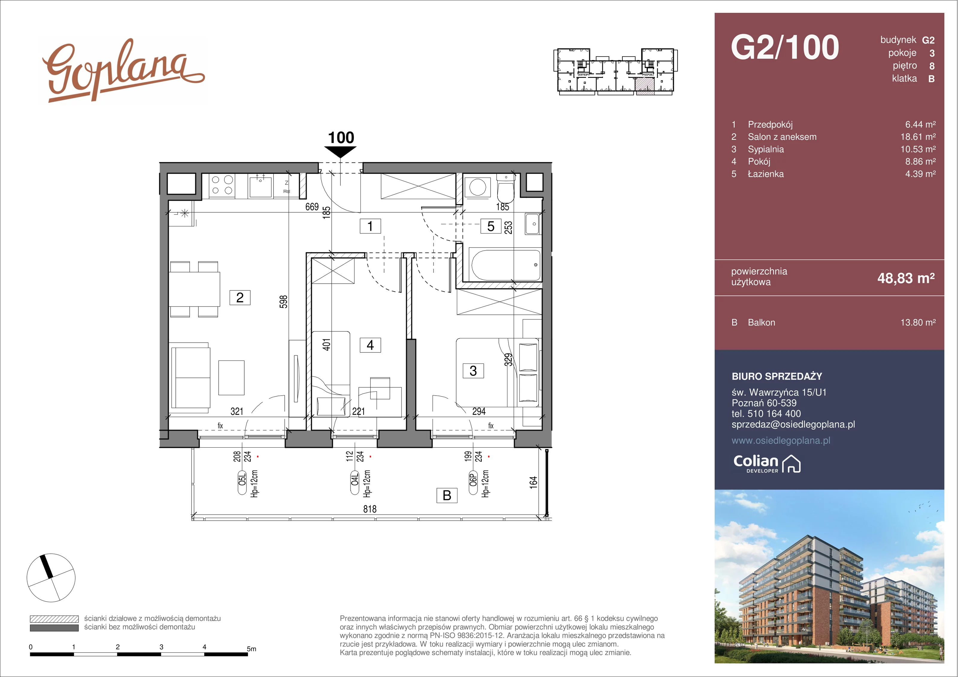 3 pokoje, mieszkanie 48,83 m², piętro 8, oferta nr G2/100, Goplana Budynek G, Poznań, Jeżyce, ul. św. Wawrzyńca
