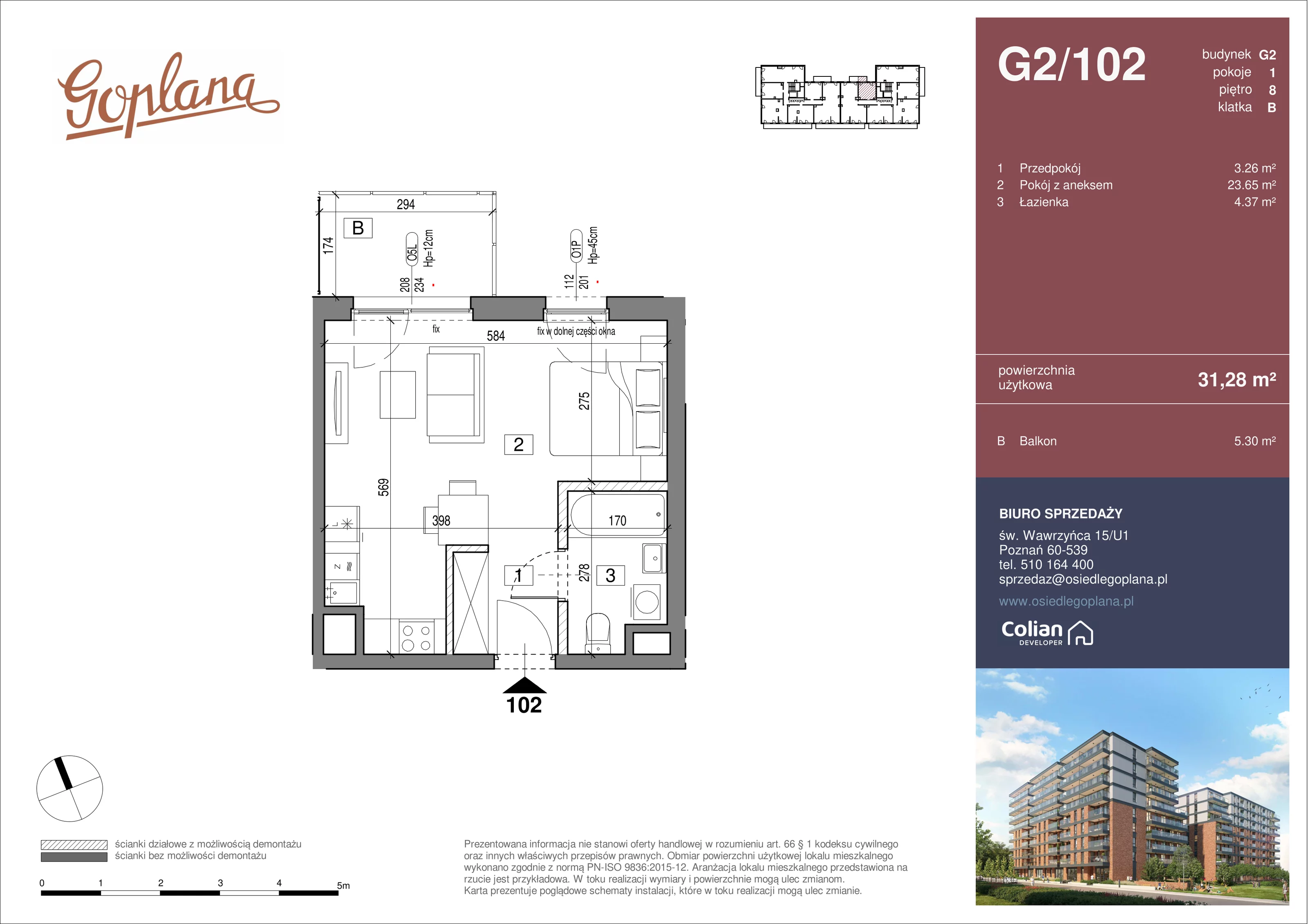 1 pokój, mieszkanie 31,28 m², piętro 8, oferta nr G2/102, Goplana Budynek G, Poznań, Jeżyce, ul. św. Wawrzyńca