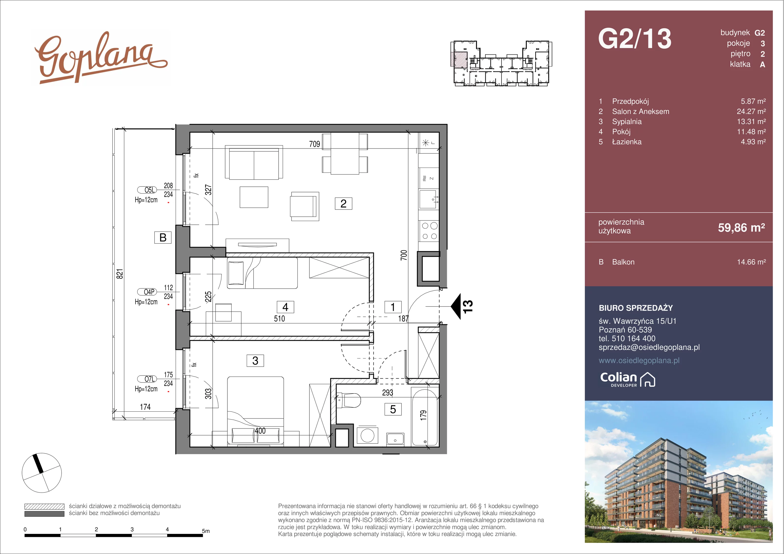 3 pokoje, mieszkanie 59,86 m², piętro 2, oferta nr G2/13, Goplana Budynek G, Poznań, Jeżyce, ul. św. Wawrzyńca