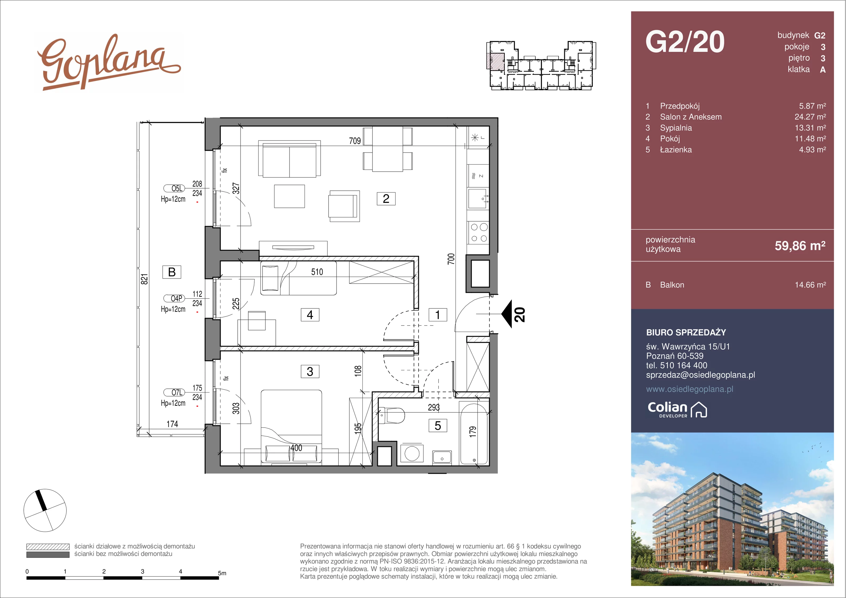 3 pokoje, mieszkanie 59,86 m², piętro 3, oferta nr G2/20, Goplana Budynek G, Poznań, Jeżyce, ul. św. Wawrzyńca