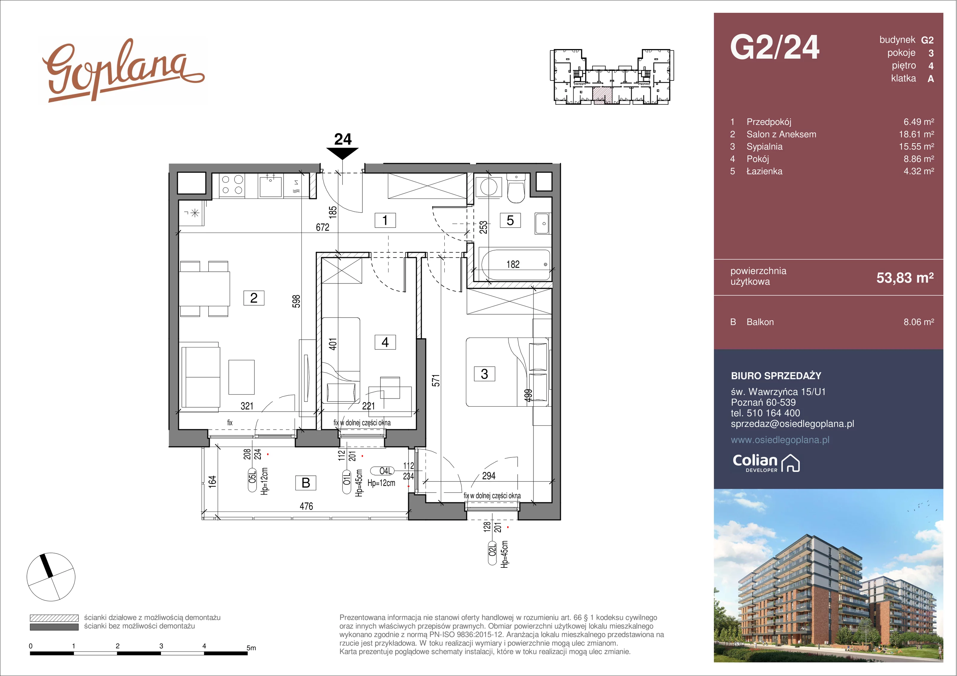 3 pokoje, mieszkanie 53,83 m², piętro 4, oferta nr G2/24, Goplana Budynek G, Poznań, Jeżyce, ul. św. Wawrzyńca