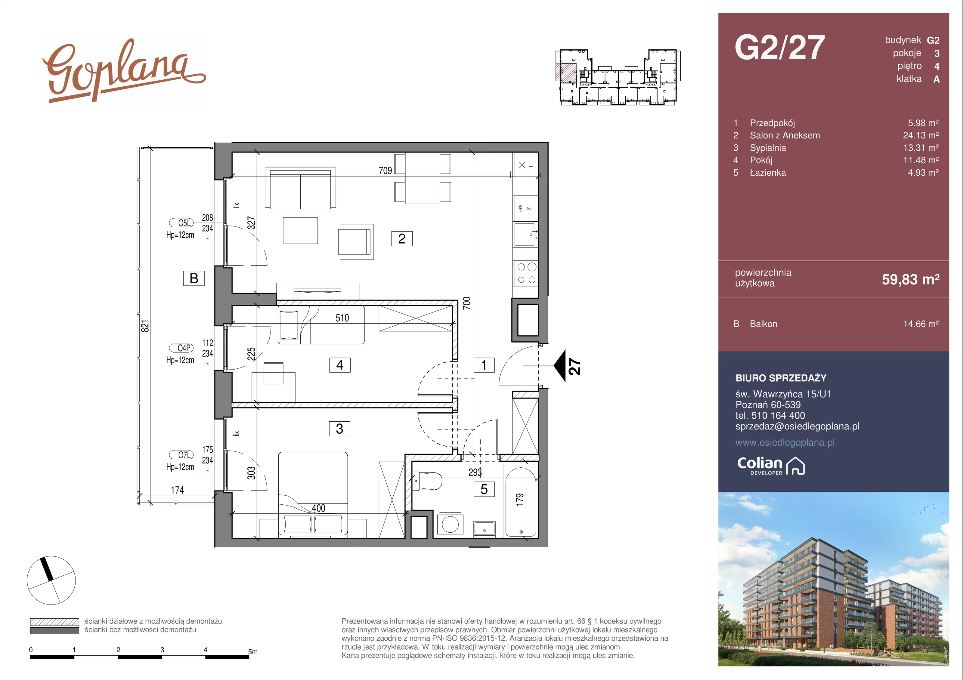 3 pokoje, mieszkanie 59,83 m², piętro 4, oferta nr G2/27, Goplana Budynek G, Poznań, Jeżyce, ul. św. Wawrzyńca